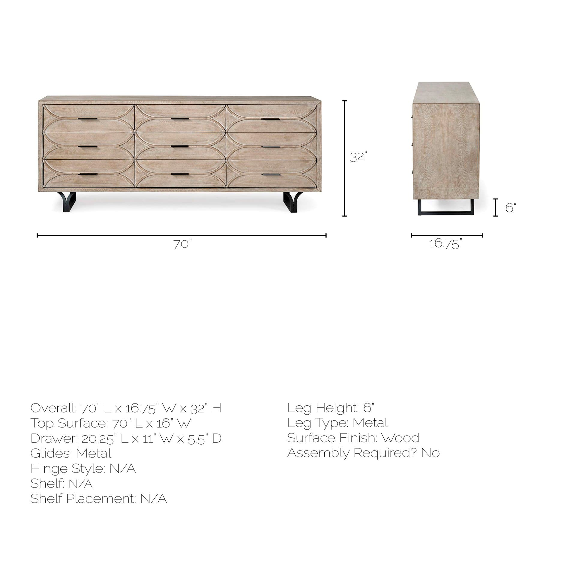 Giselle II Brown Fir Veneer W/Black Metal Leg 9 Drawer Sideboard — product photograph