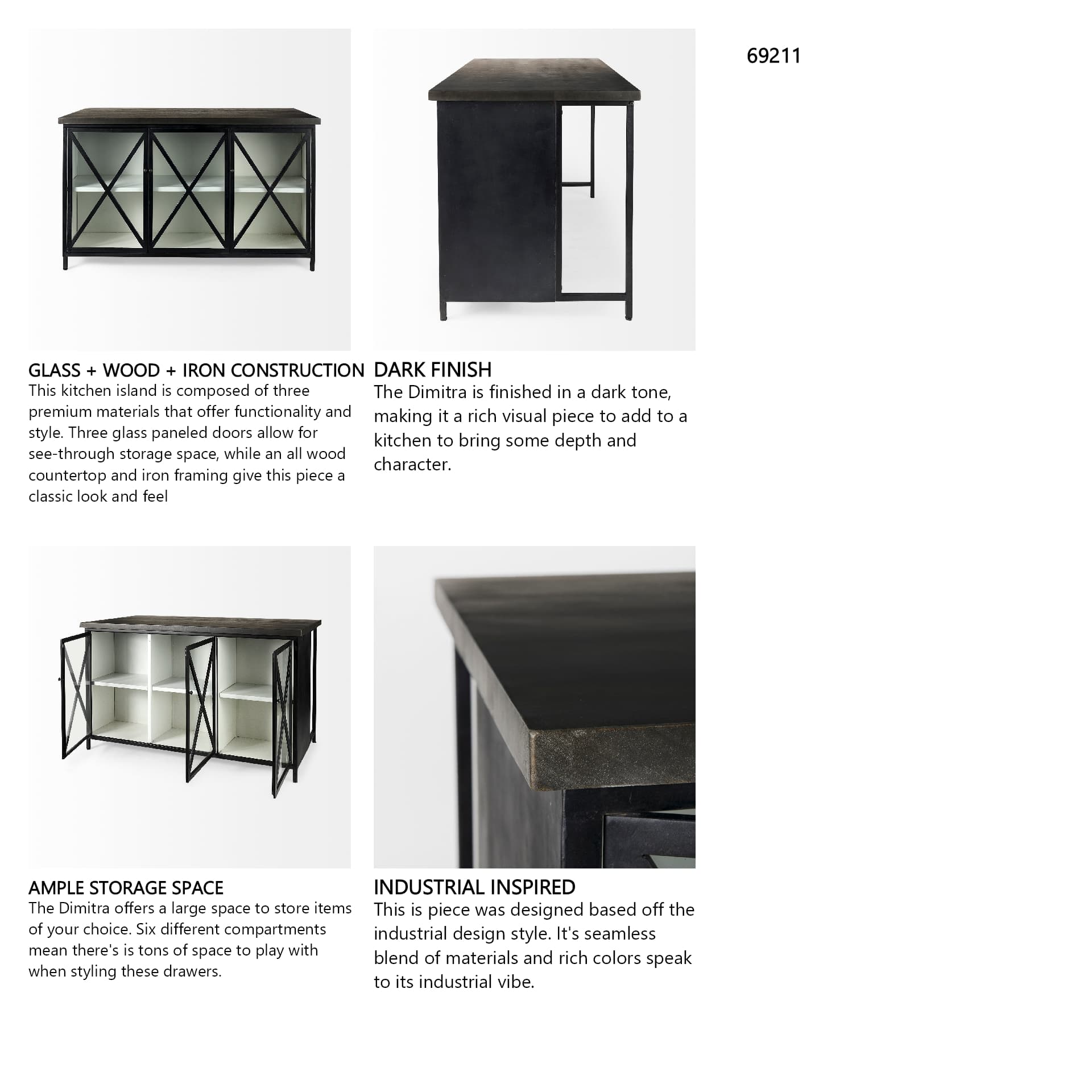 Dimitra 62.0L x 32.0W x 36.0H Dark Iron W/Glass Doors Kitchen Island — in a styled room