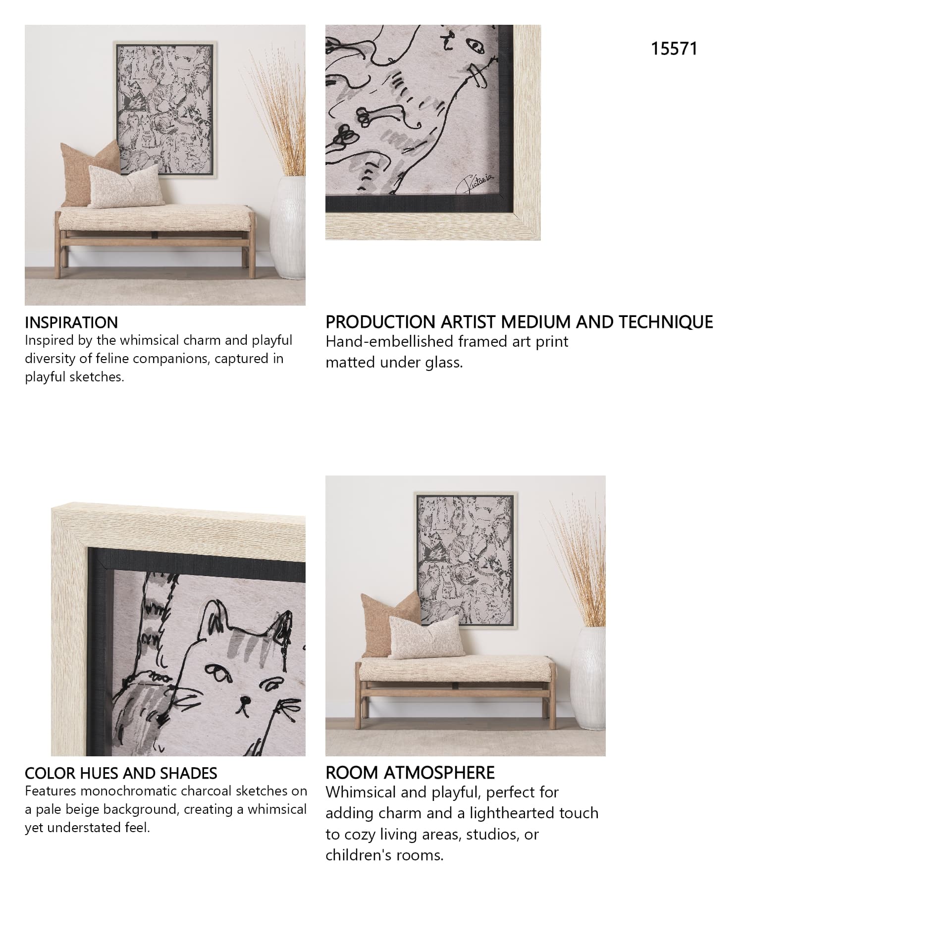 Cat Sketch by Mercana Studio a Hand Embellished Framed Art Print Matted under Glass — in a styled room