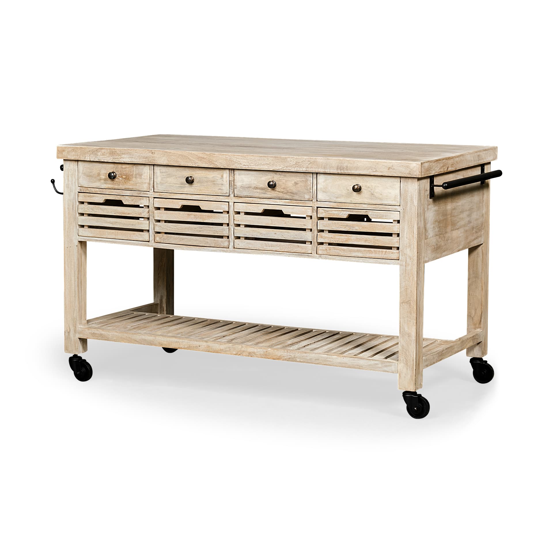 Columbia 62L x 28W x 36H I Light Brown Body w/ Black Iron Knobs Rolling Kitchen Island — product photograph