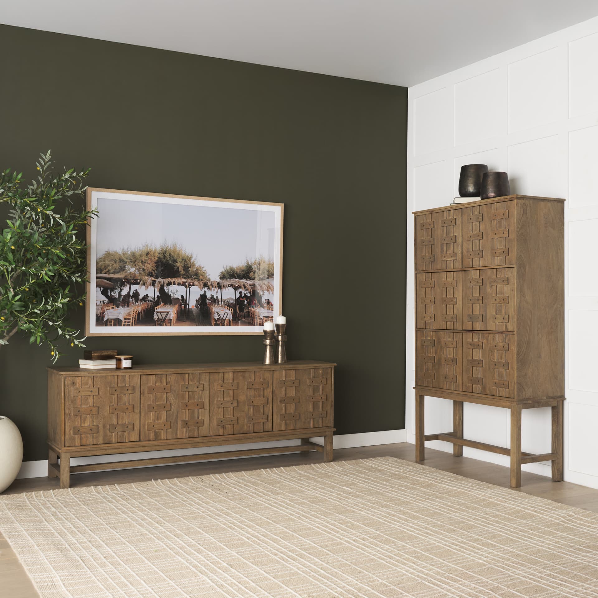 Truss Cool Brown Wood 6 Door Tall Cabinet — in a styled room