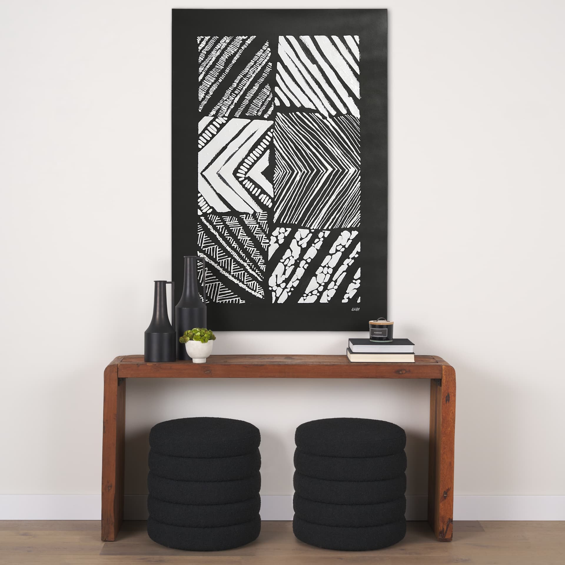 Maze I by Alarm a Hand Embellished Textured Canvas — in a styled room