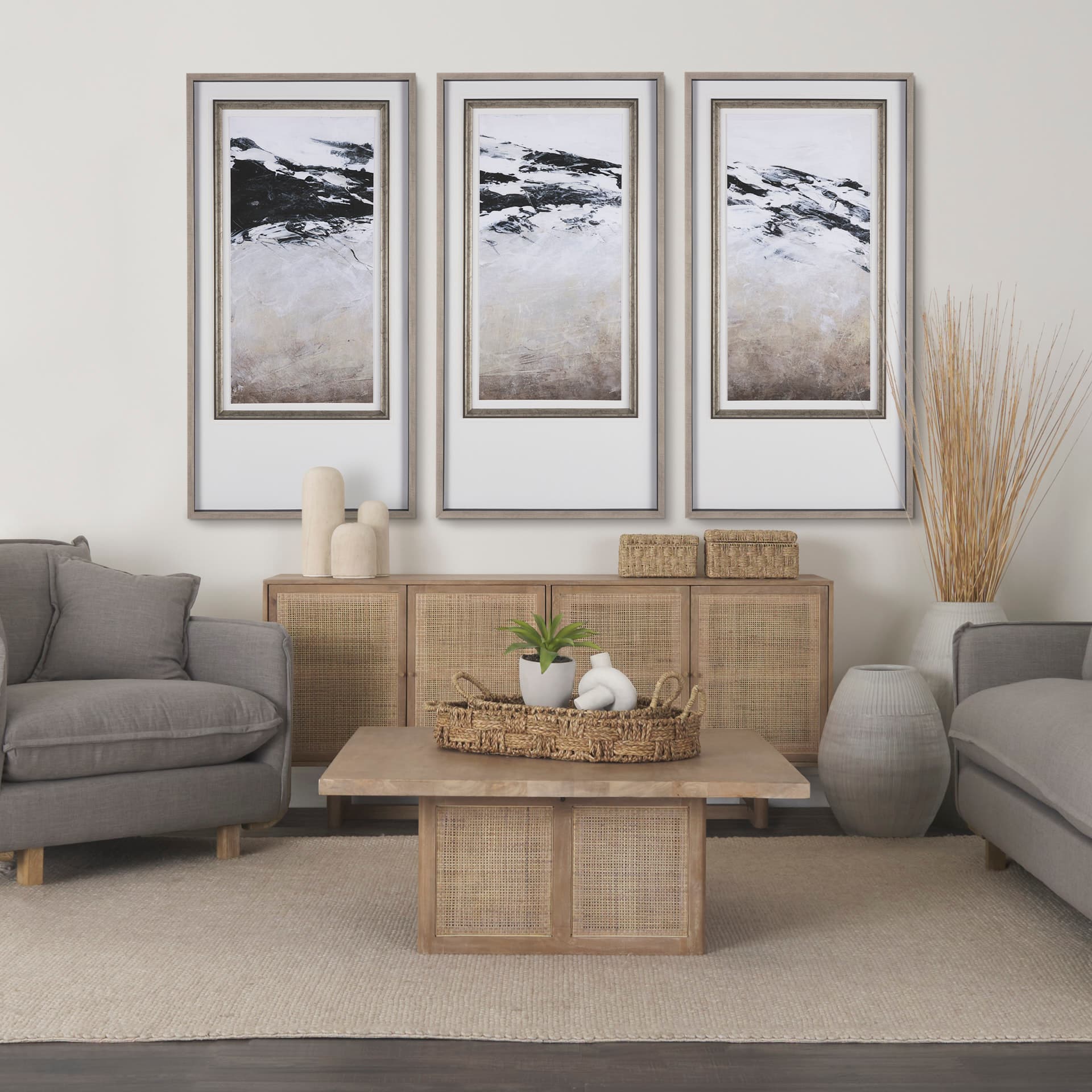 Grier 42" Square Light Brown Wood w/ Cane Coffee Table — in a styled room