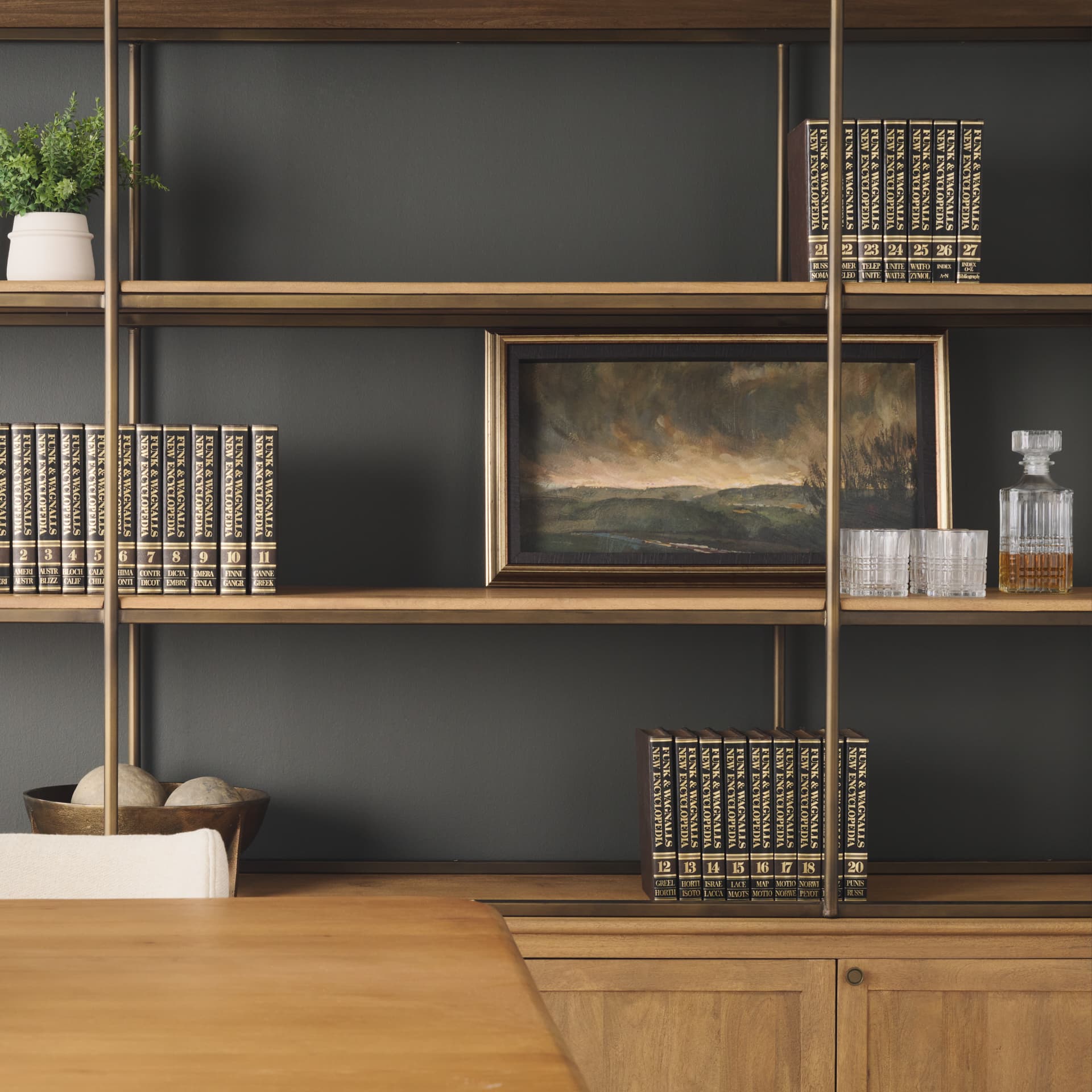 Baron 4-Door Light Brown Wood w/ Gunmetal Open Shelving Unit — product photograph