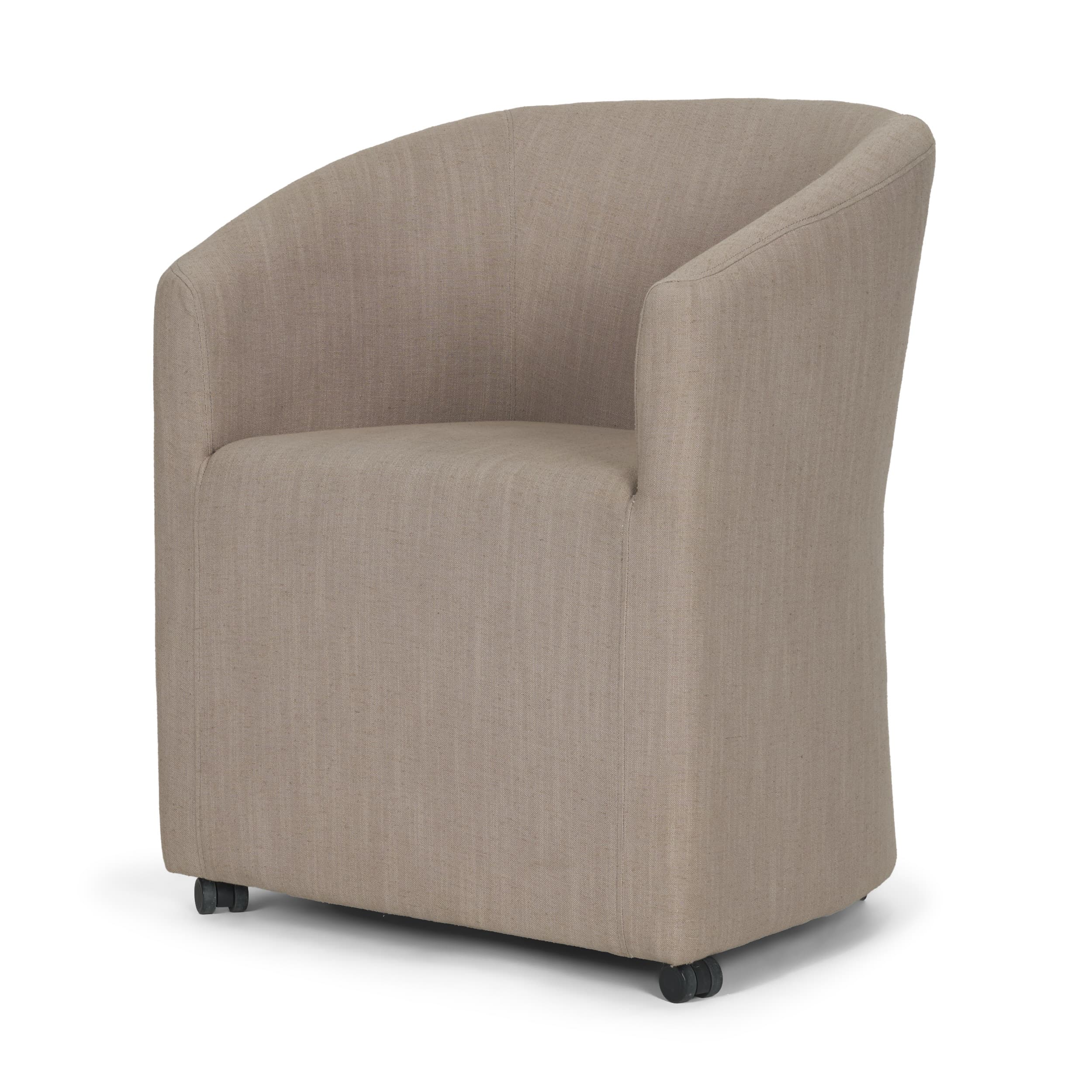 Sondra Barrel Back Dining Arm Chair | Gray Fabric w/ Wood — product photograph