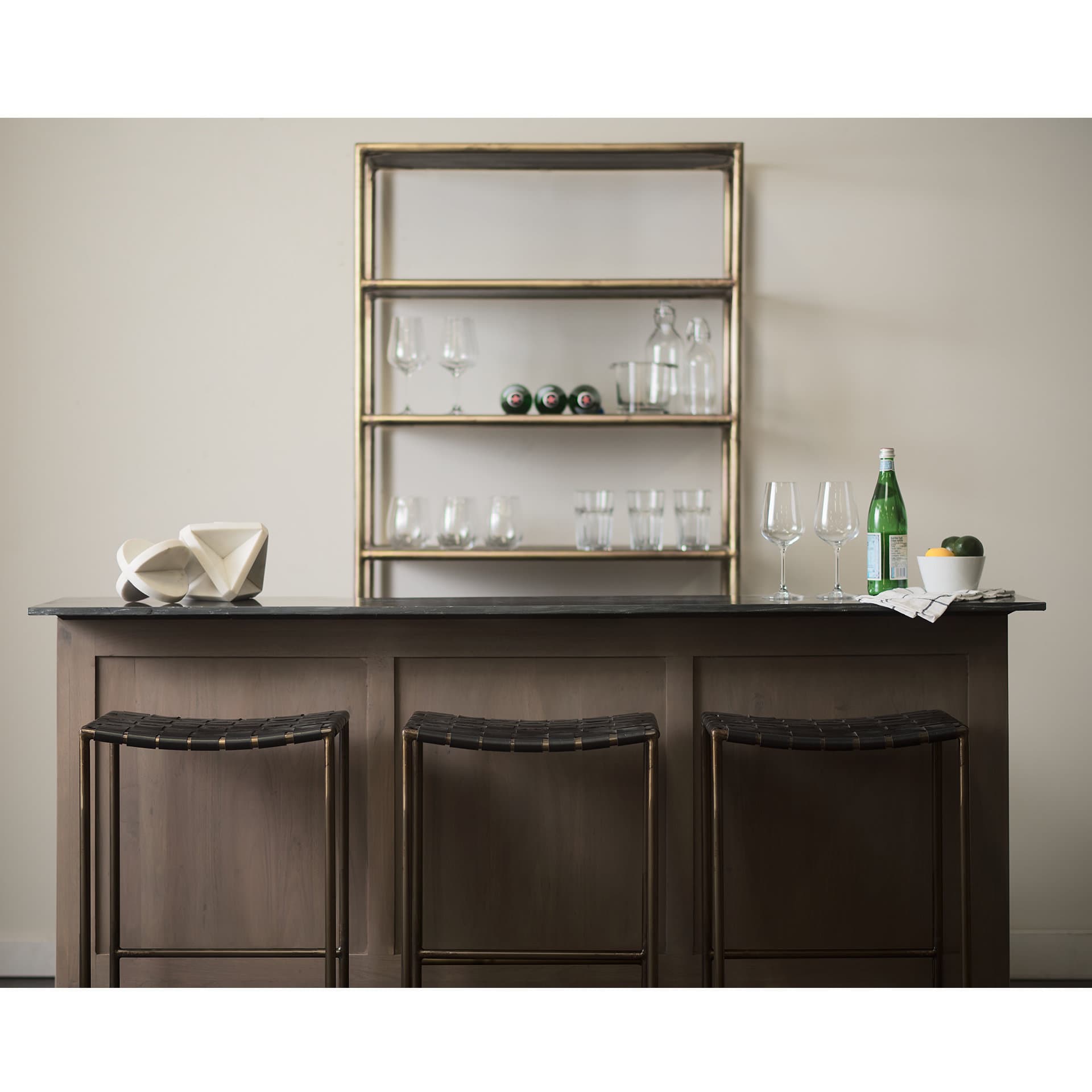 Clarissa Backless 30.25in Seat Bar Stool | Black Leather w/ Gold Metal — product photograph