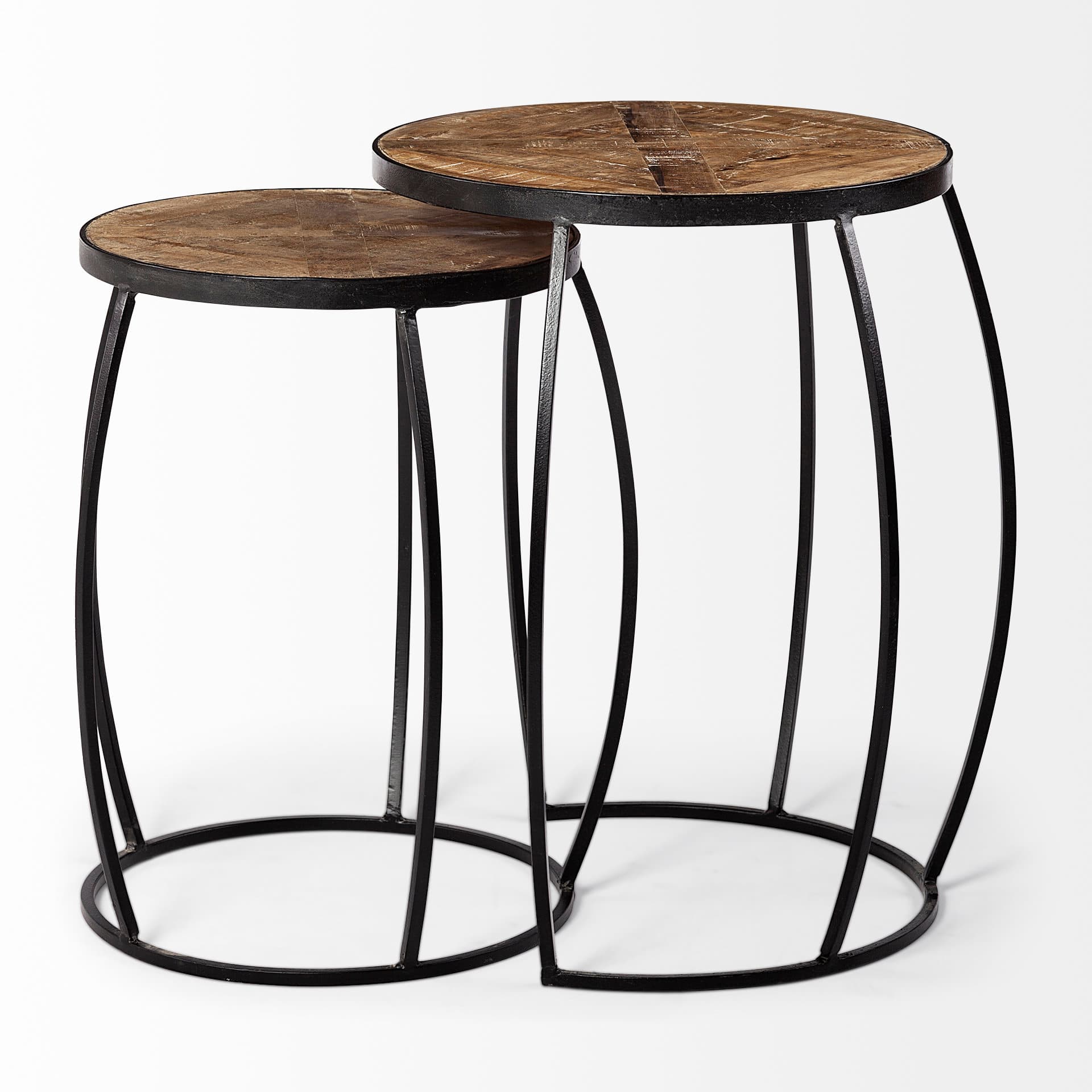 Clapp III (Set of 2) 20L x 20W Brown Round Wood Top W/ Black Metal Frame Nesting Accent Tables — product photograph