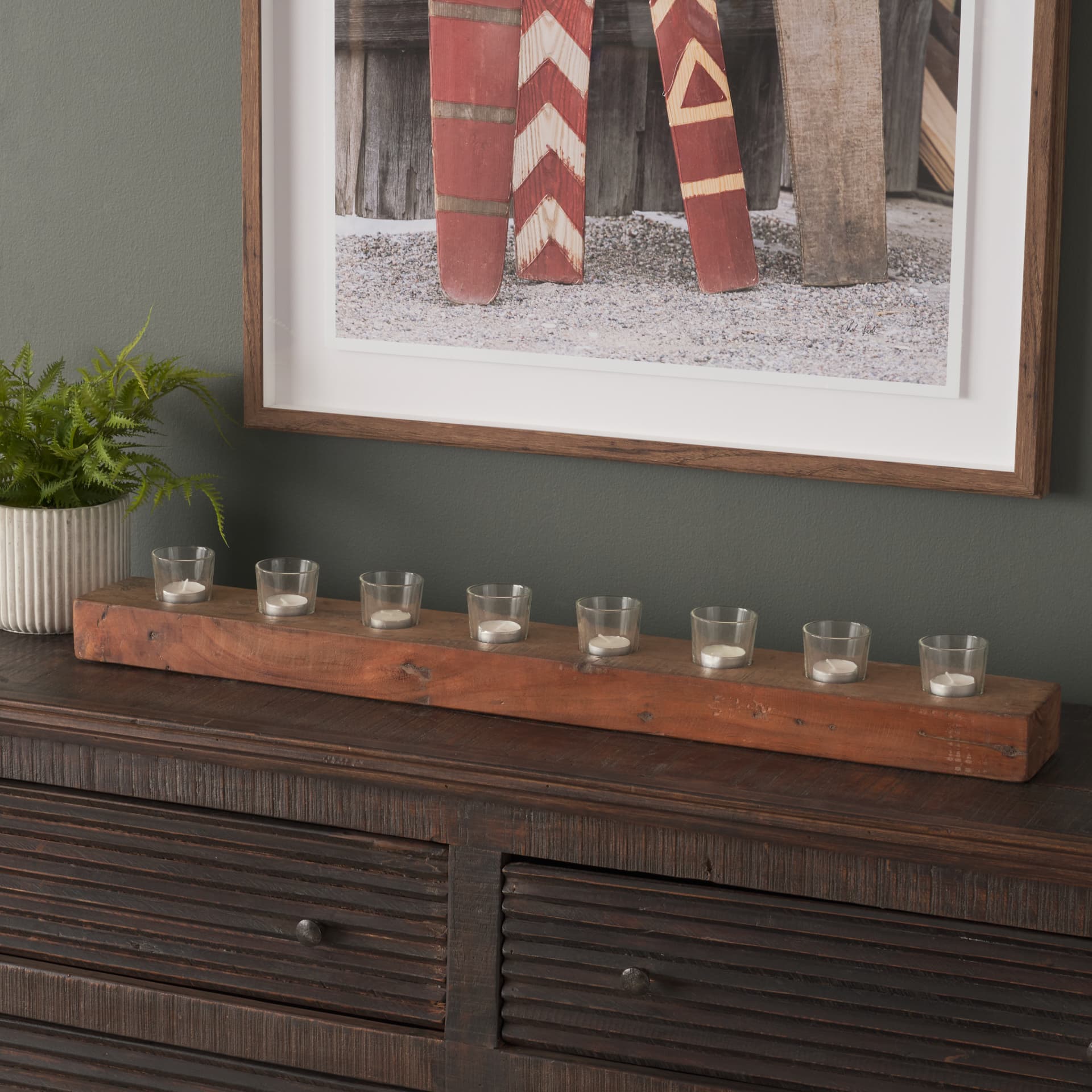 Lakara Reclaimed Wood Eight Tealight Table Candle Holder — in a styled room