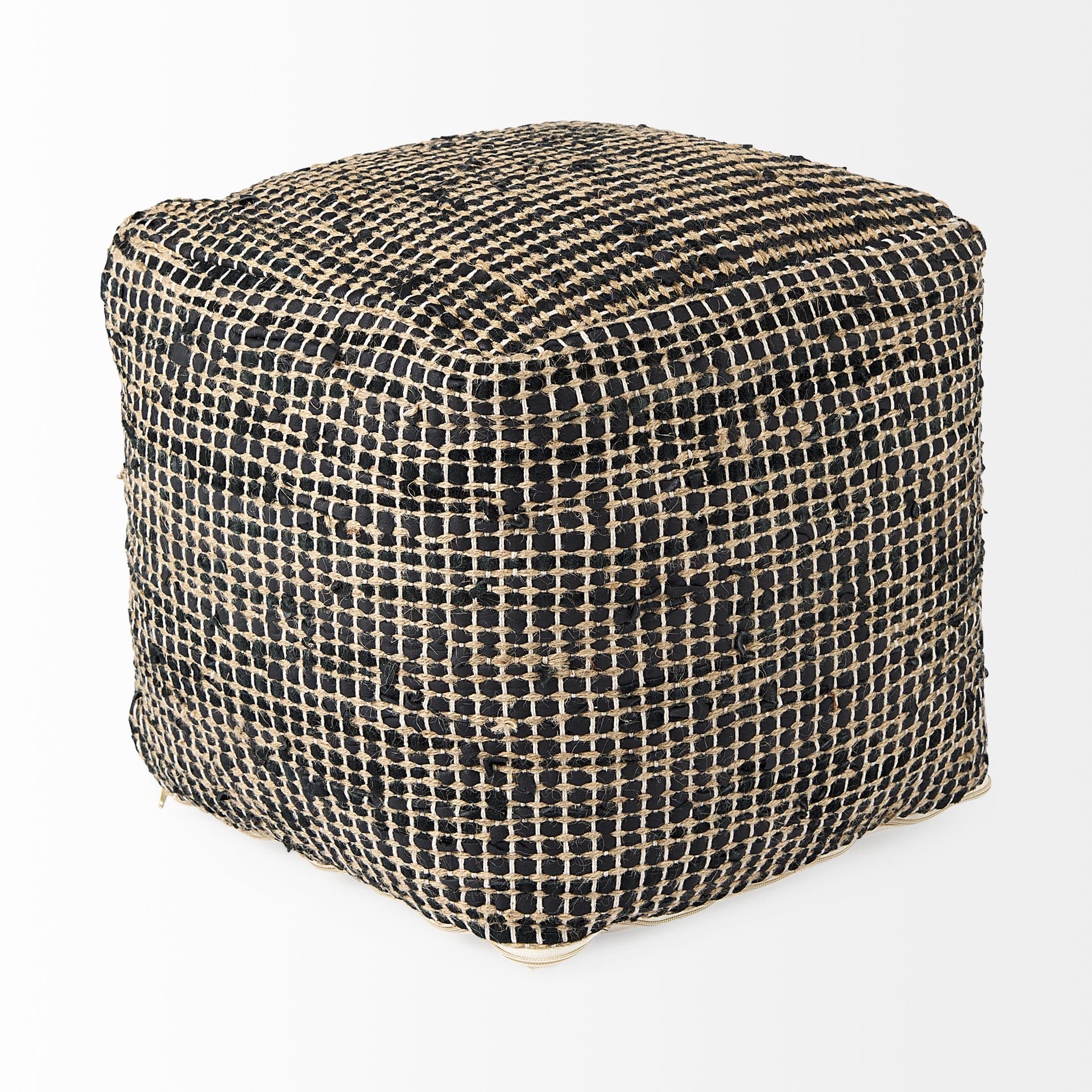 Aalia 16.0L x 16.0W x 16.0H Charcoal Leather and Jute Pouf — product photograph