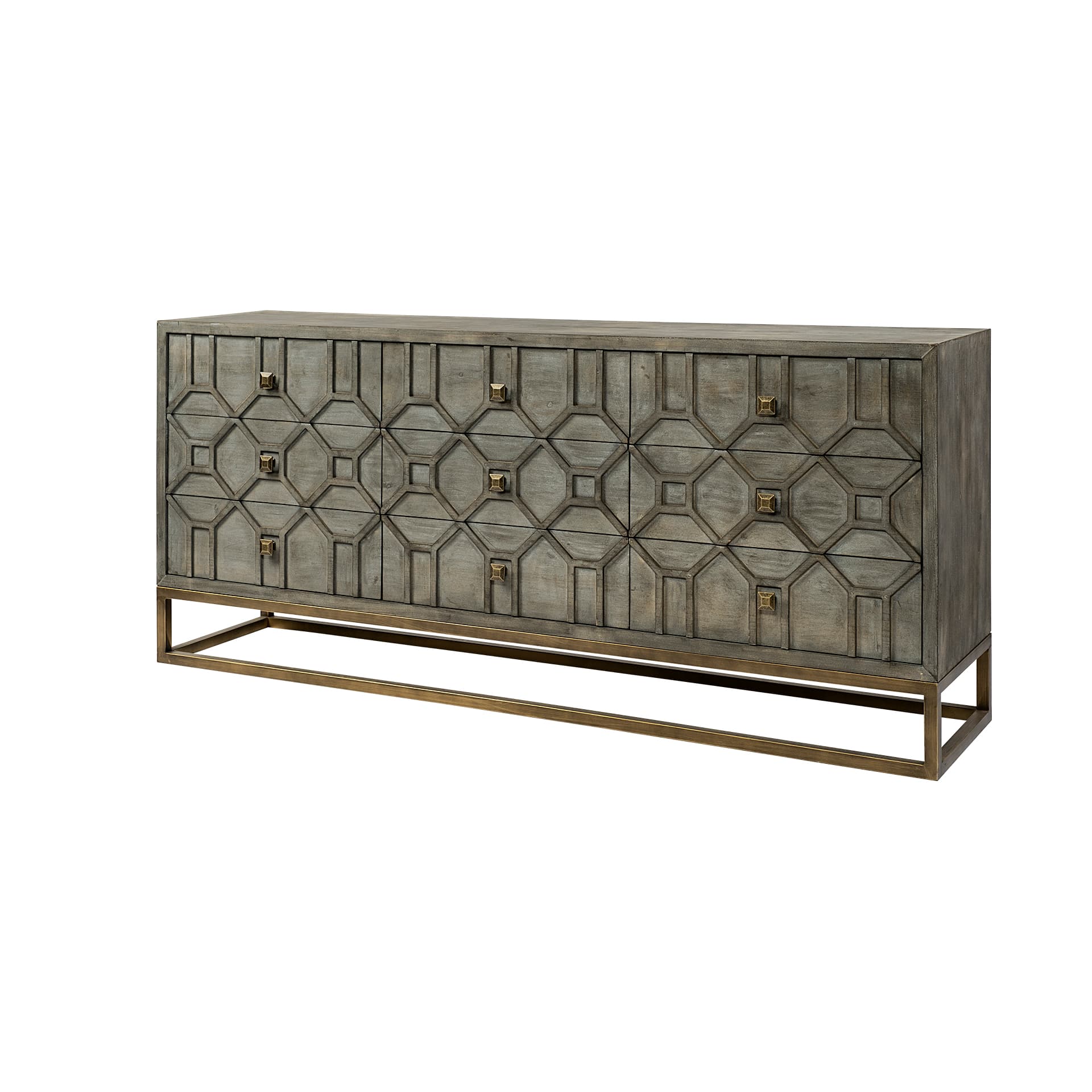Genevieve II 70x15.8 Gray Fir Veneer W/Gold Metal Frame Base 9 Drawer Sideboard — product photograph