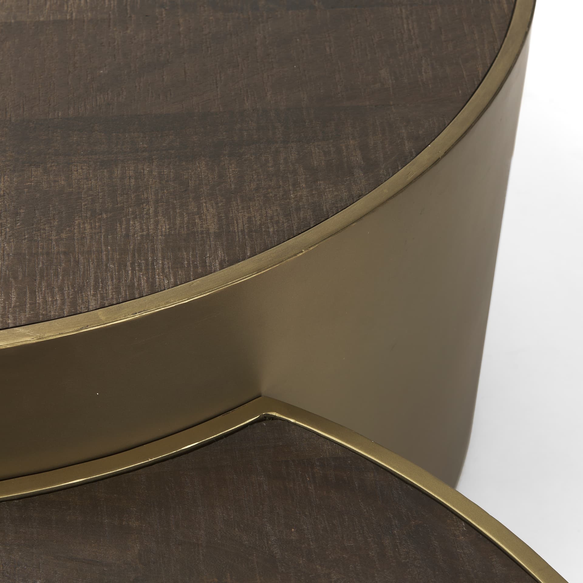 Eclipse Antique Brass Metal Drum Base w/ Dark Brown Wood Top Nested Coffee Table — product photograph