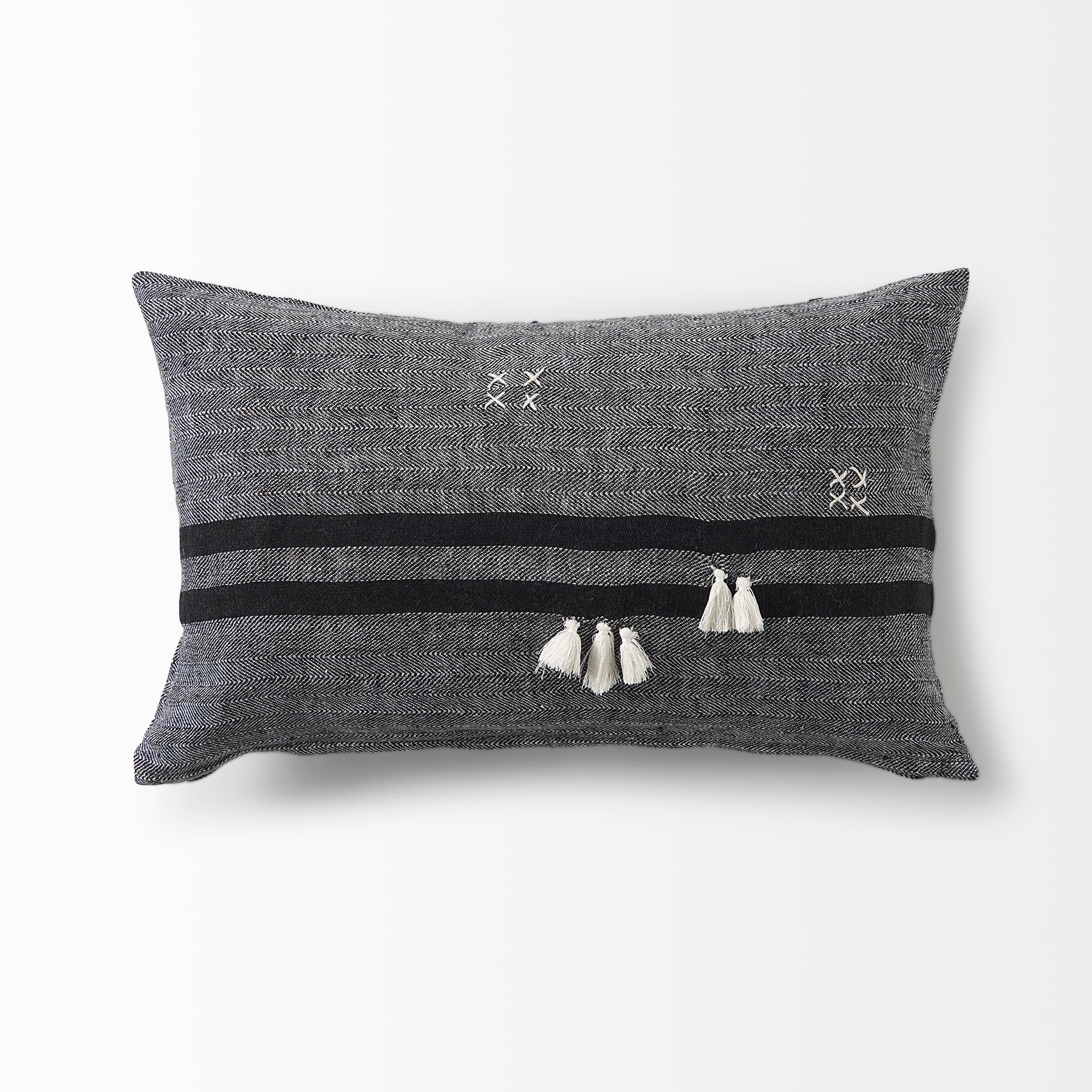 Sibyl 13x21 Black Fabric Striped and White Fringed Pillow Cover w/Down Filler — product photograph