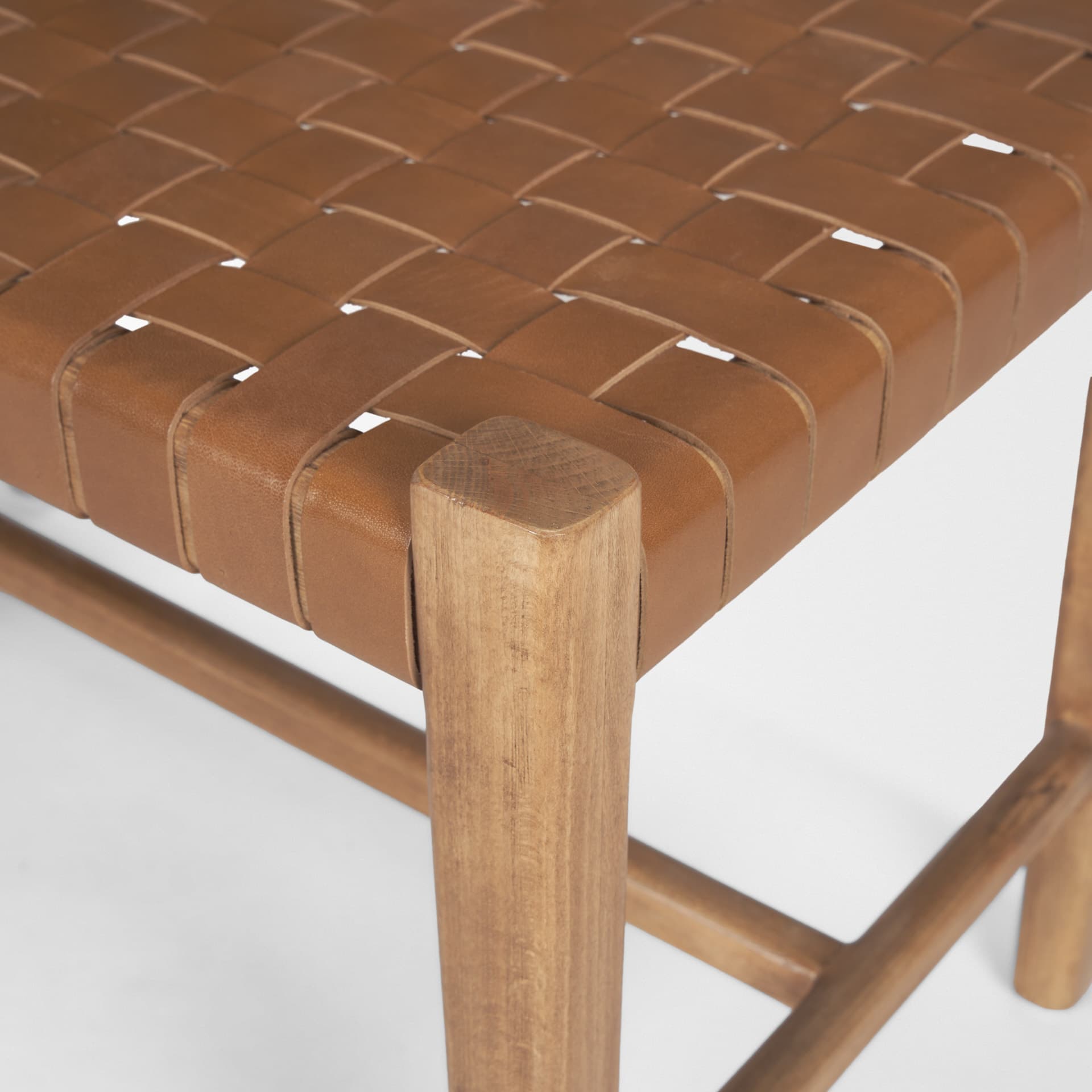 Shane Brown Wood w/ Woven Brown Leather Bench — product photograph