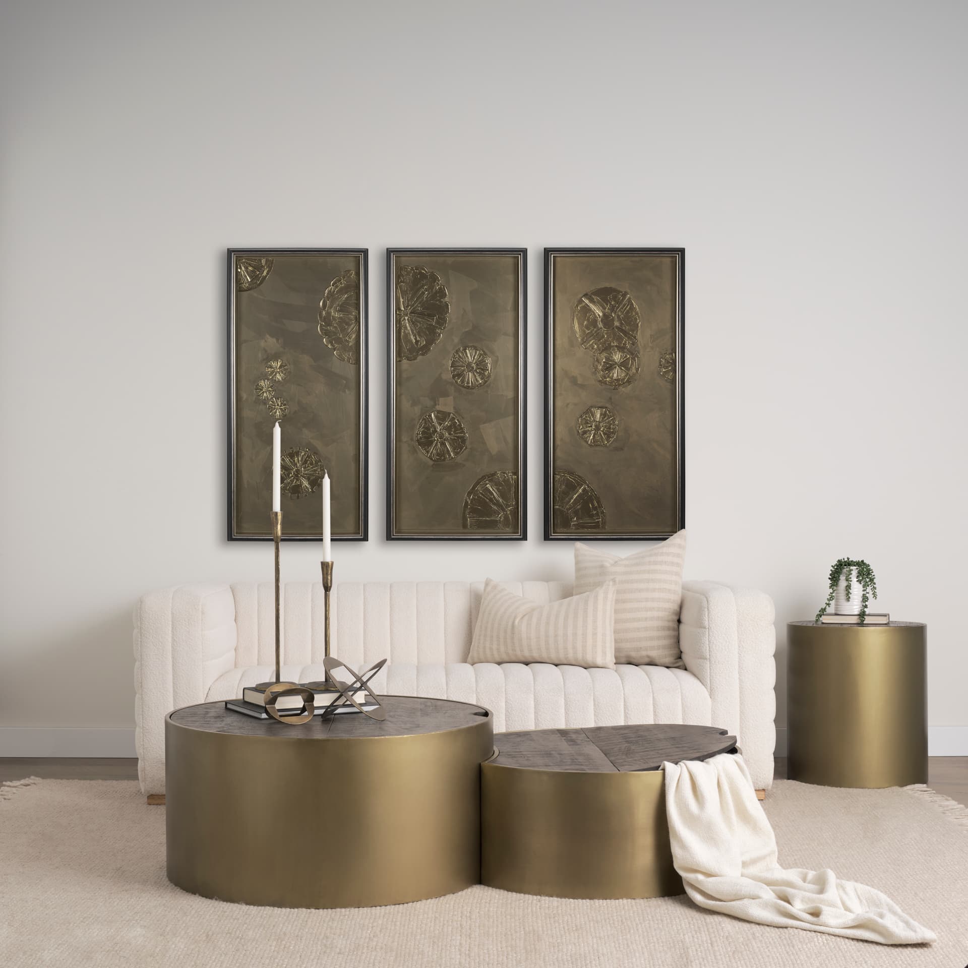 Eclipse Antique Brass Metal Drum Base w/ Dark Brown Wood Top End/Side Table — product photograph