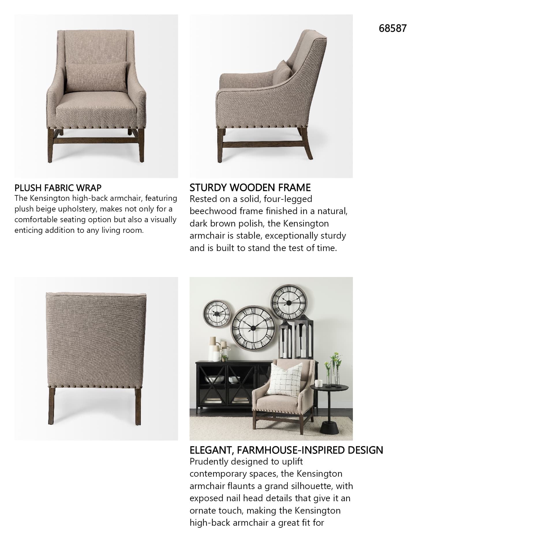 Kensington Beige Linen Fabric and Wood Accent Chair — in a styled room