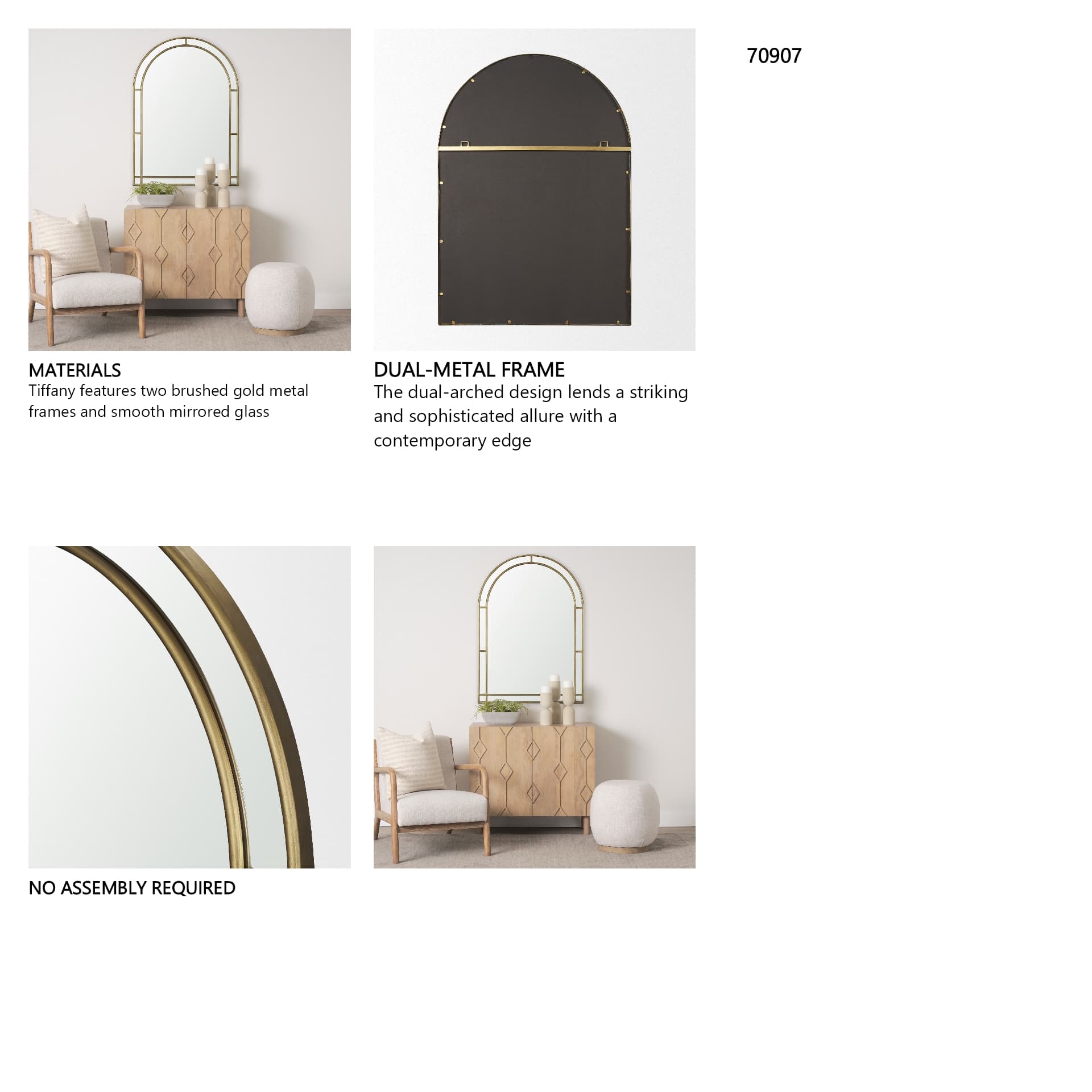 Tiffany Brushed Gold Double Frame Metal Arched Mirror — in a styled room