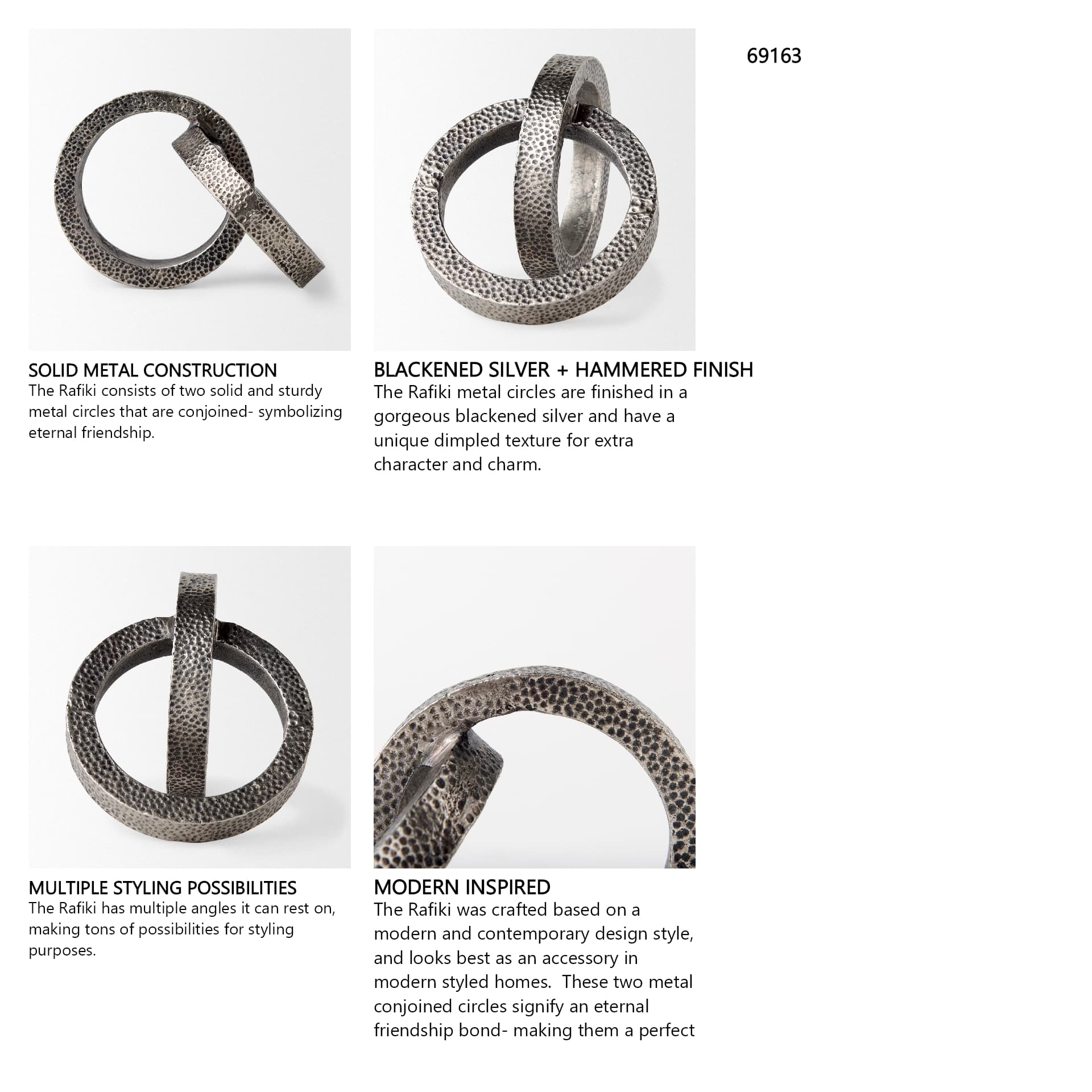 Rafiki Two Blackened Silver Hammered Finish Metal Conjoined Circles — in a styled room
