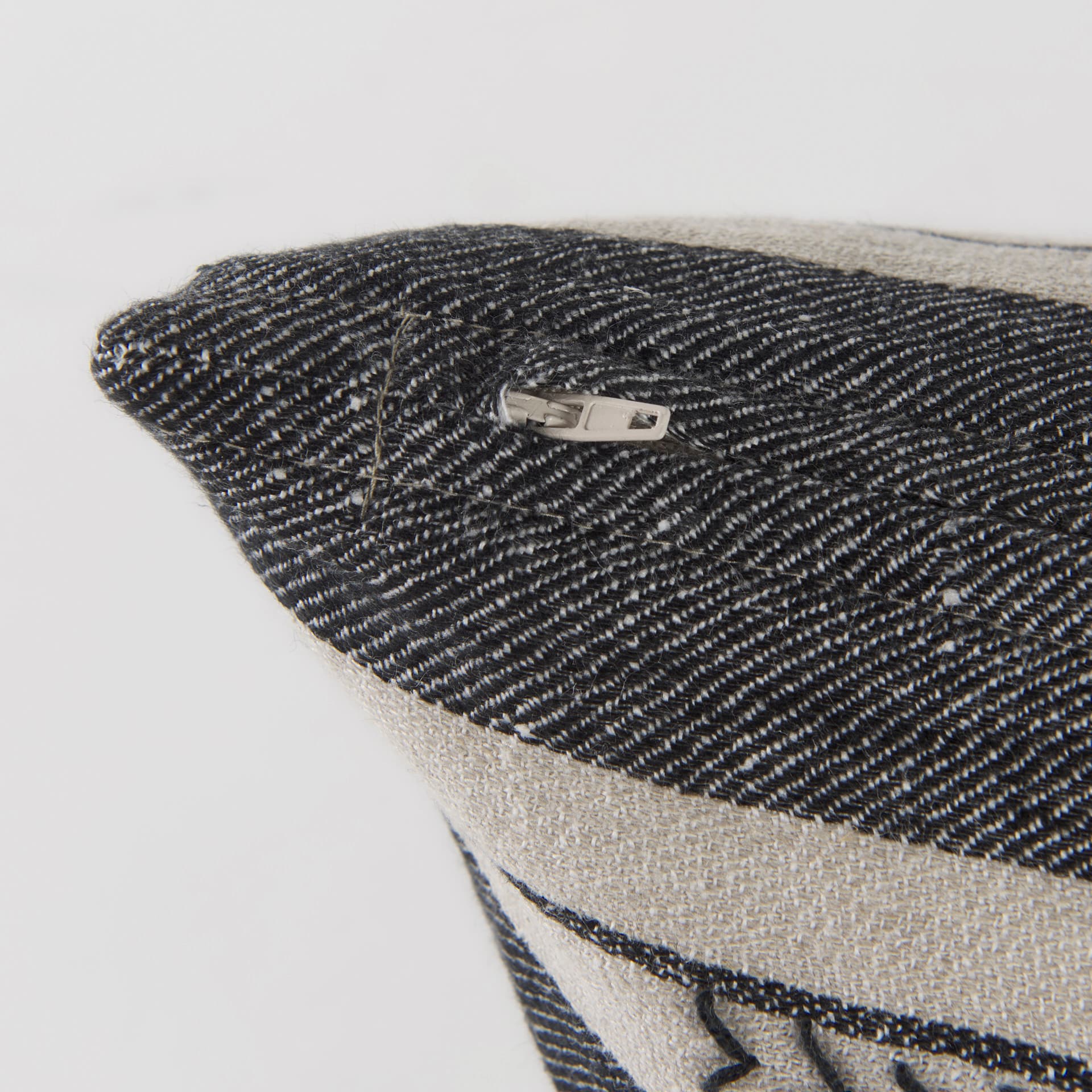 Thalia 13x21 Black and Beige Fabric Striped w/Fringe Pillow Cover w/Down Filler — product photograph