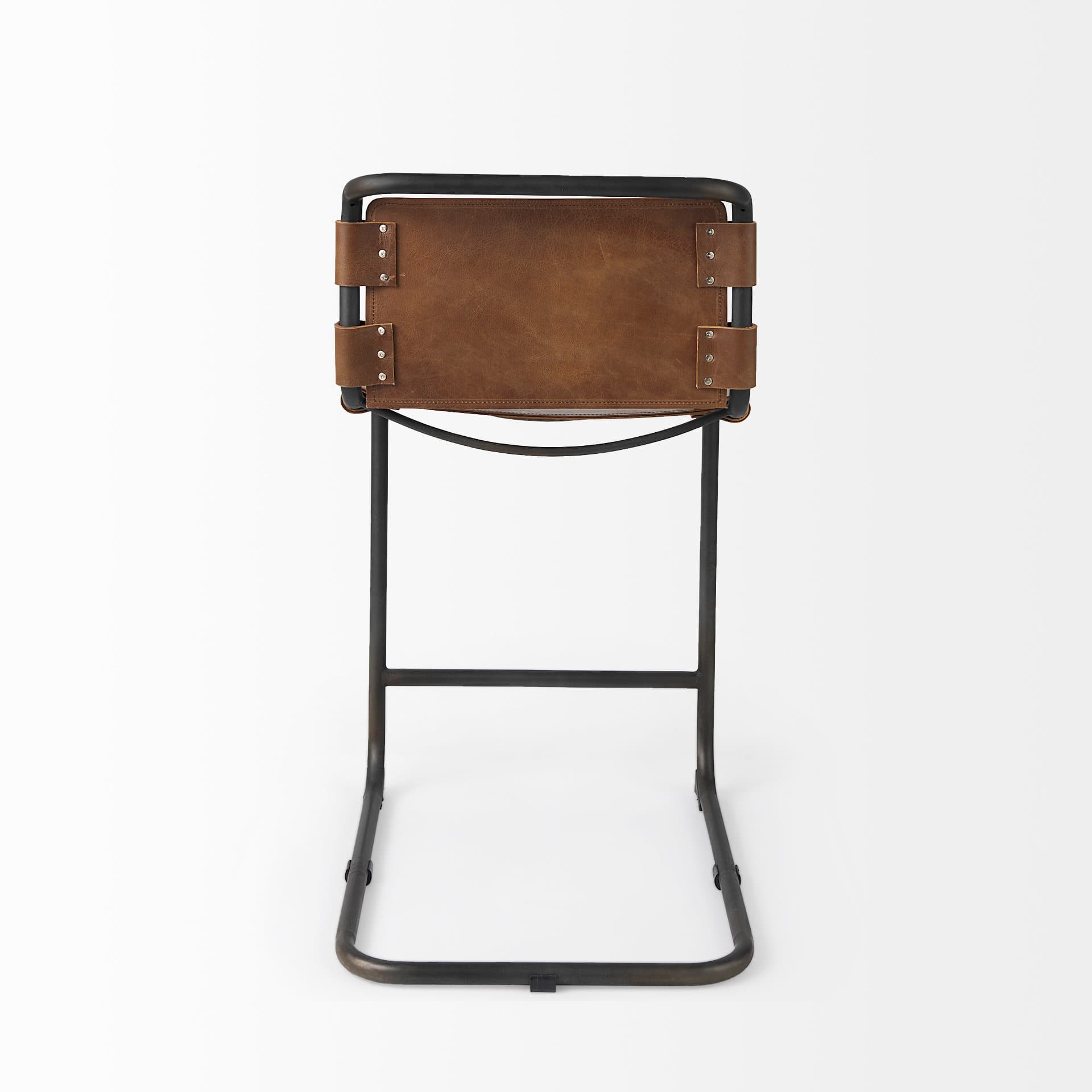 Berbick Low Back 26in Seat Counter Stool | Brown Leather w/ Gray Metal — product photograph