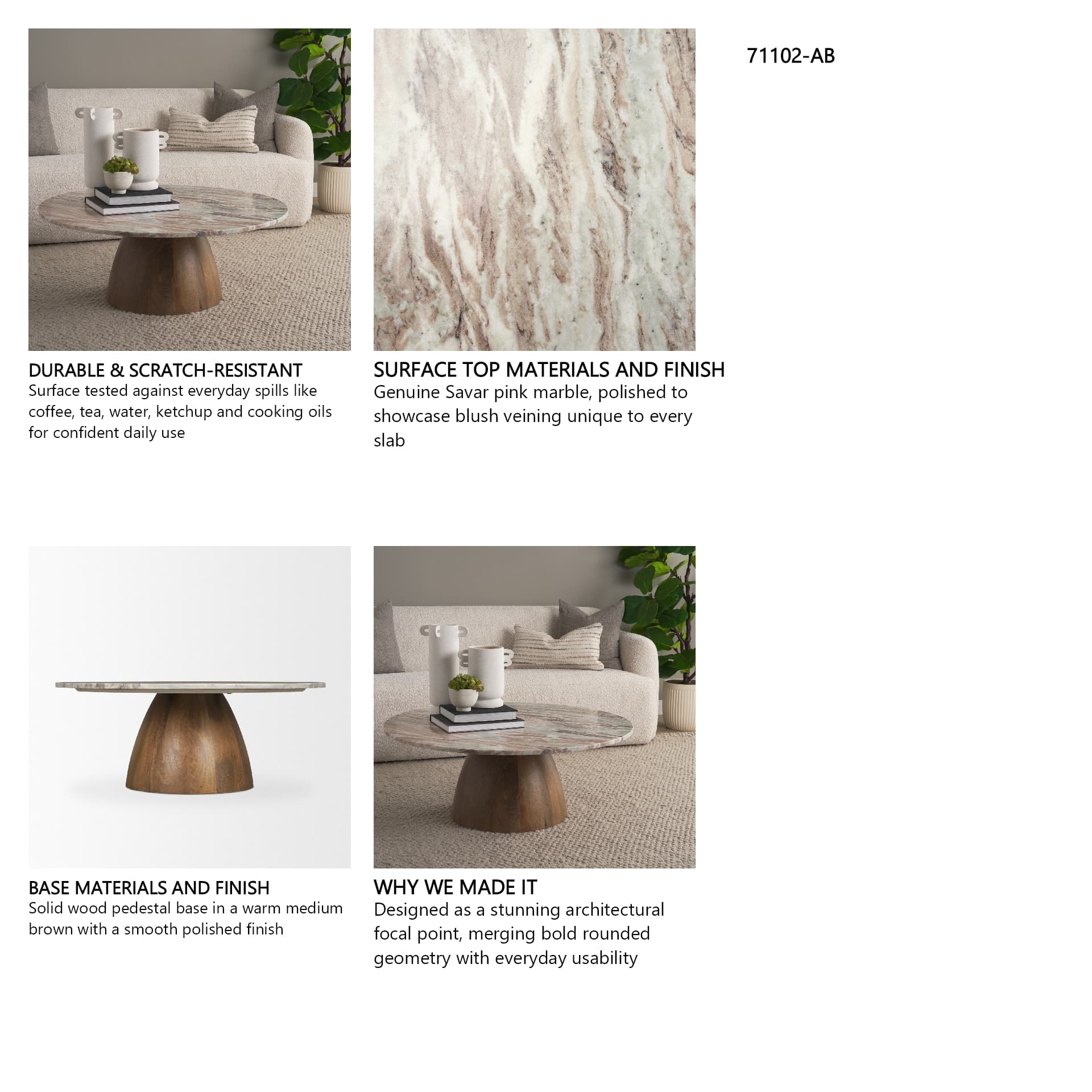 Allyson Round Brown Pedestal w/Savar Pink Marble Top Coffee Table — in a styled room