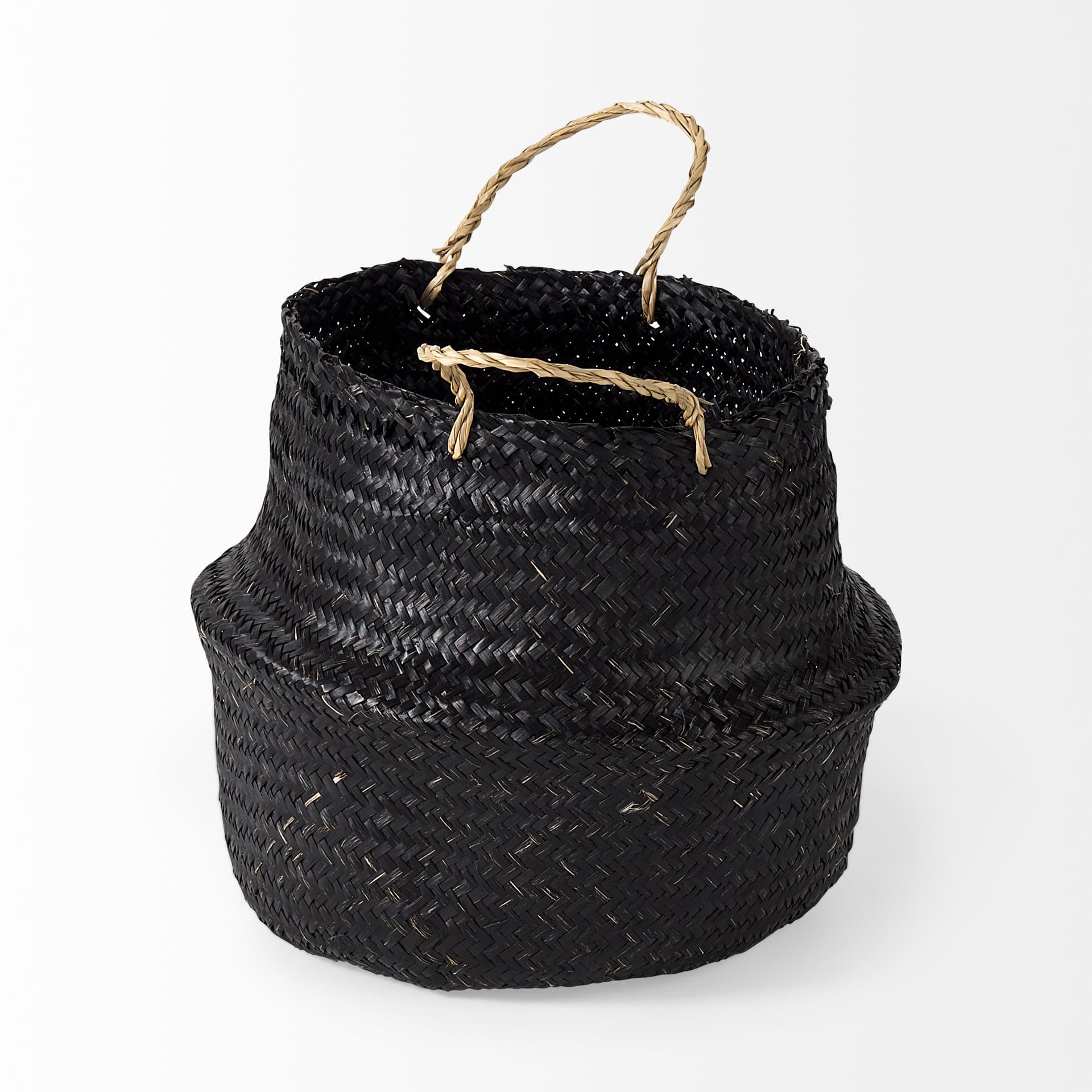 Ella (Set of 3) Black Seagrass Basket W/ Light Brown Handles — product photograph
