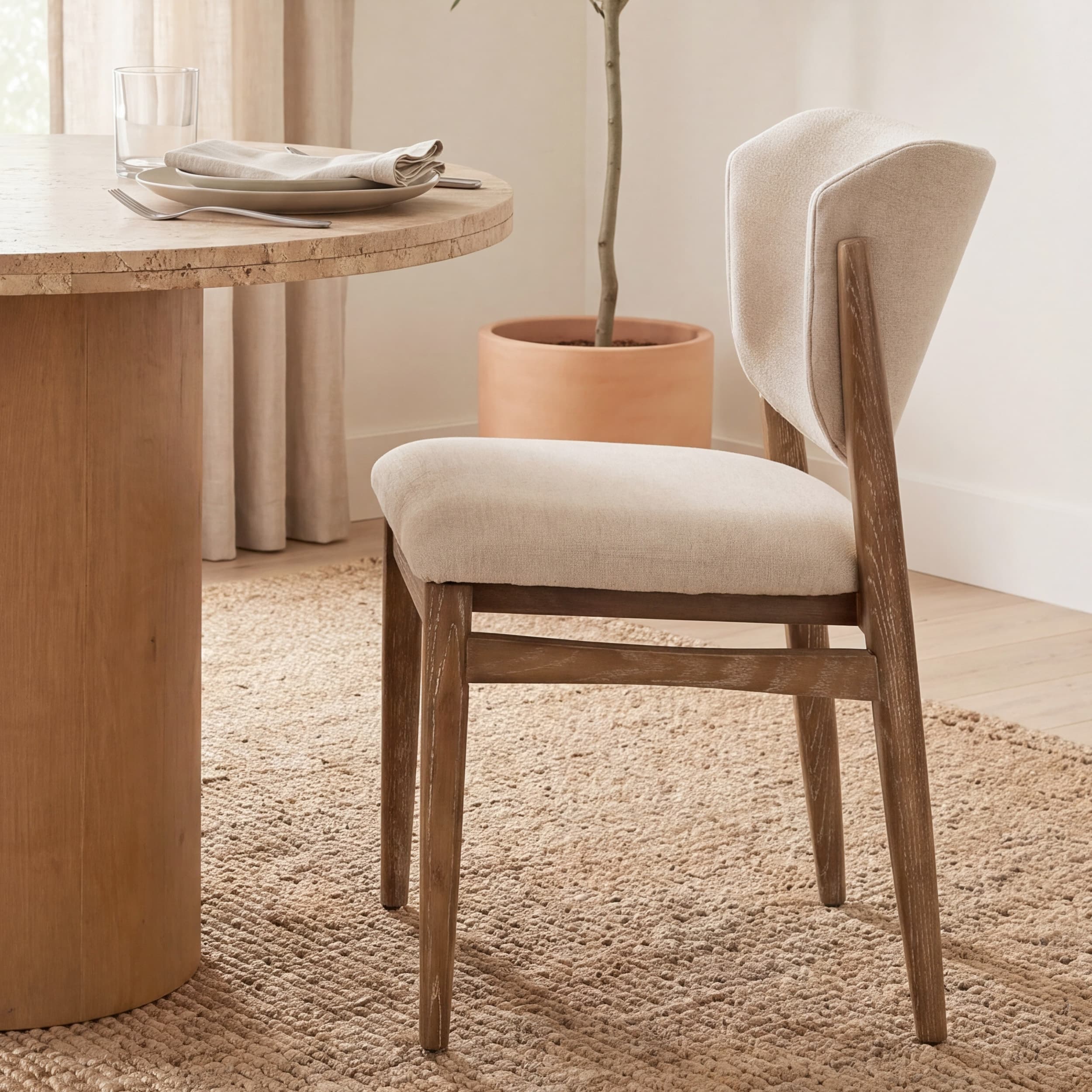 Cline Curved Back Dining Side Chair | Cream Fabric w/ Brown Wood — product photograph