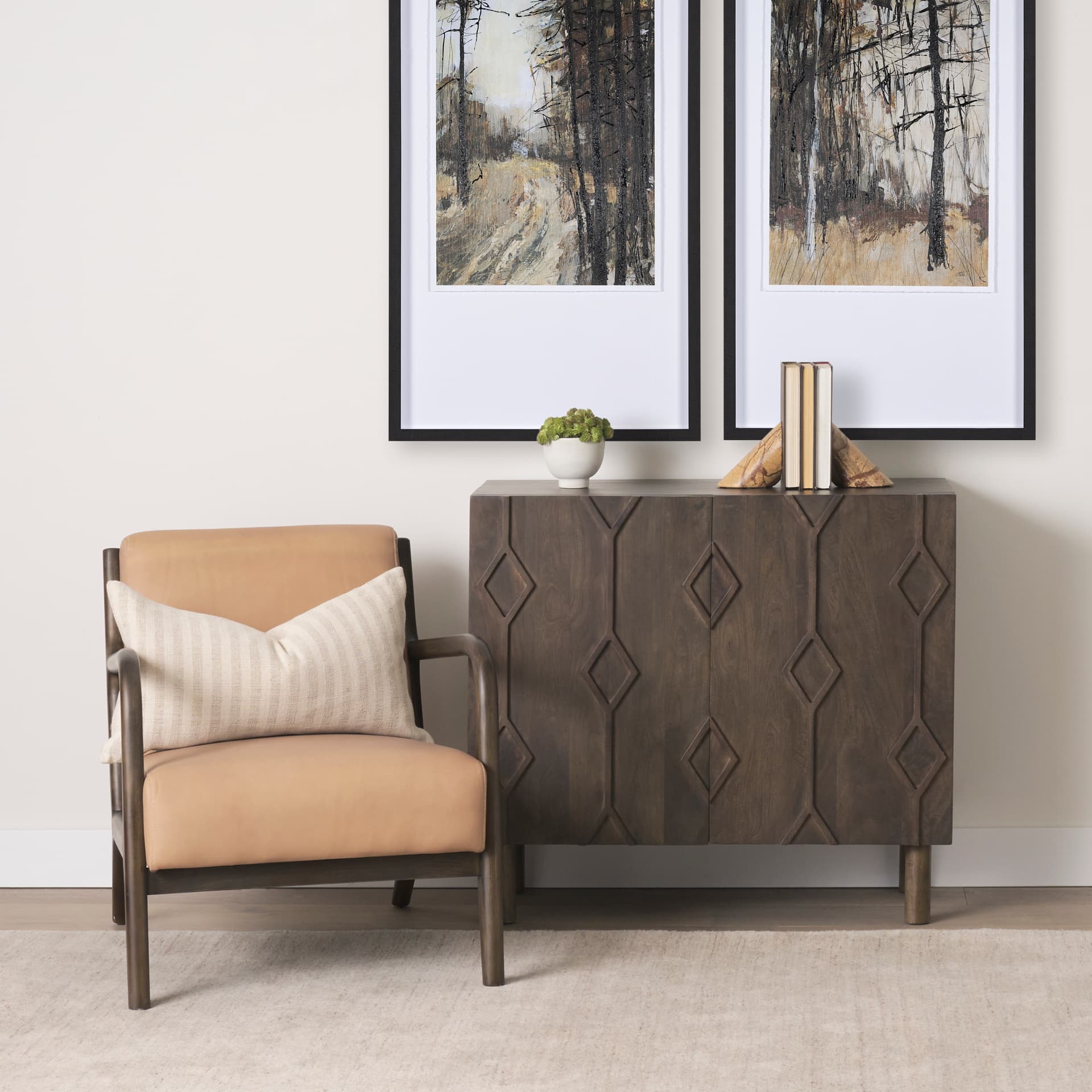 Cashel Accent Chair W/ Dark Brown Wood and Tan Genuine Leather — in a styled room