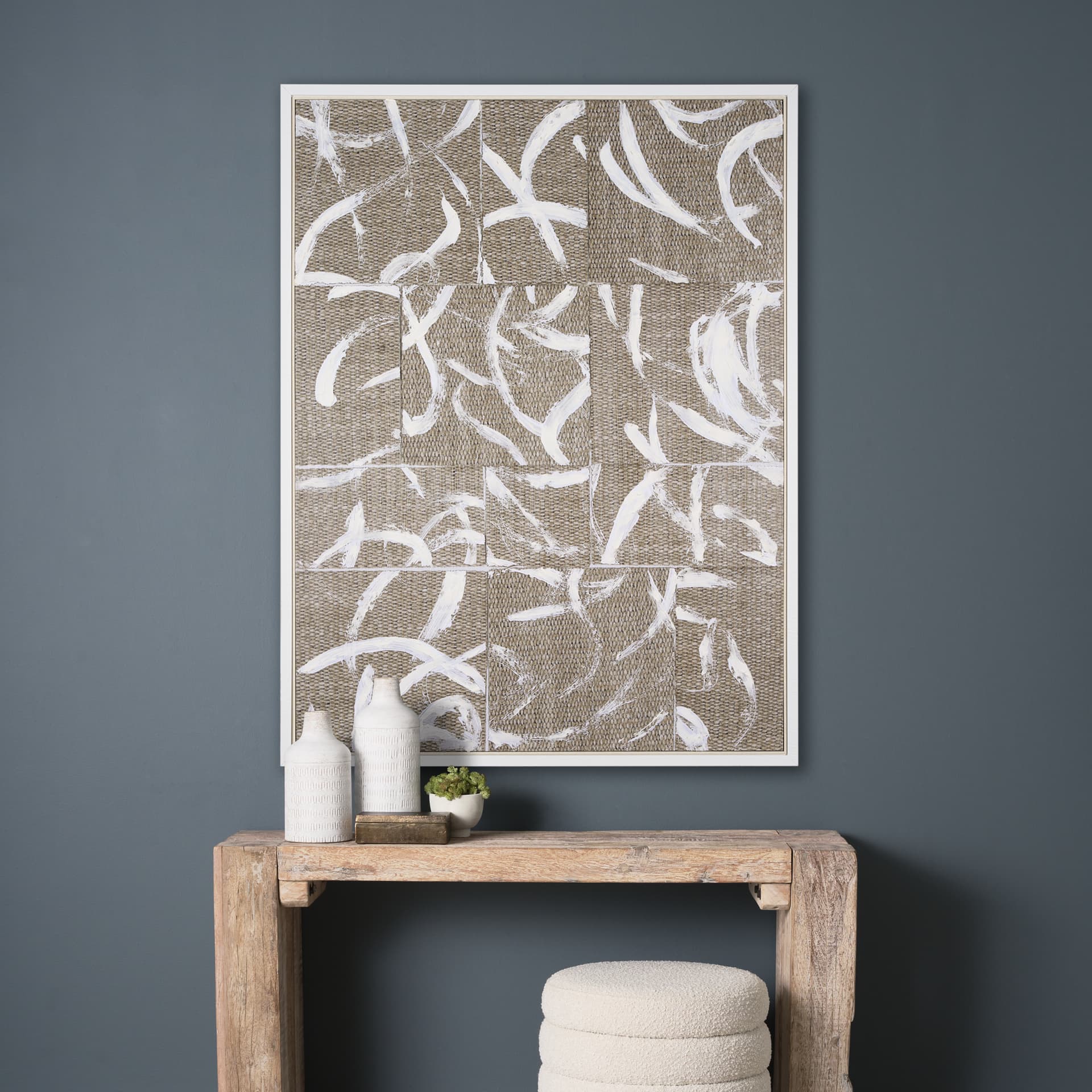 Woven Textile by Mercana Studio a Hand Embellished Textured Framed Canvas — in a styled room