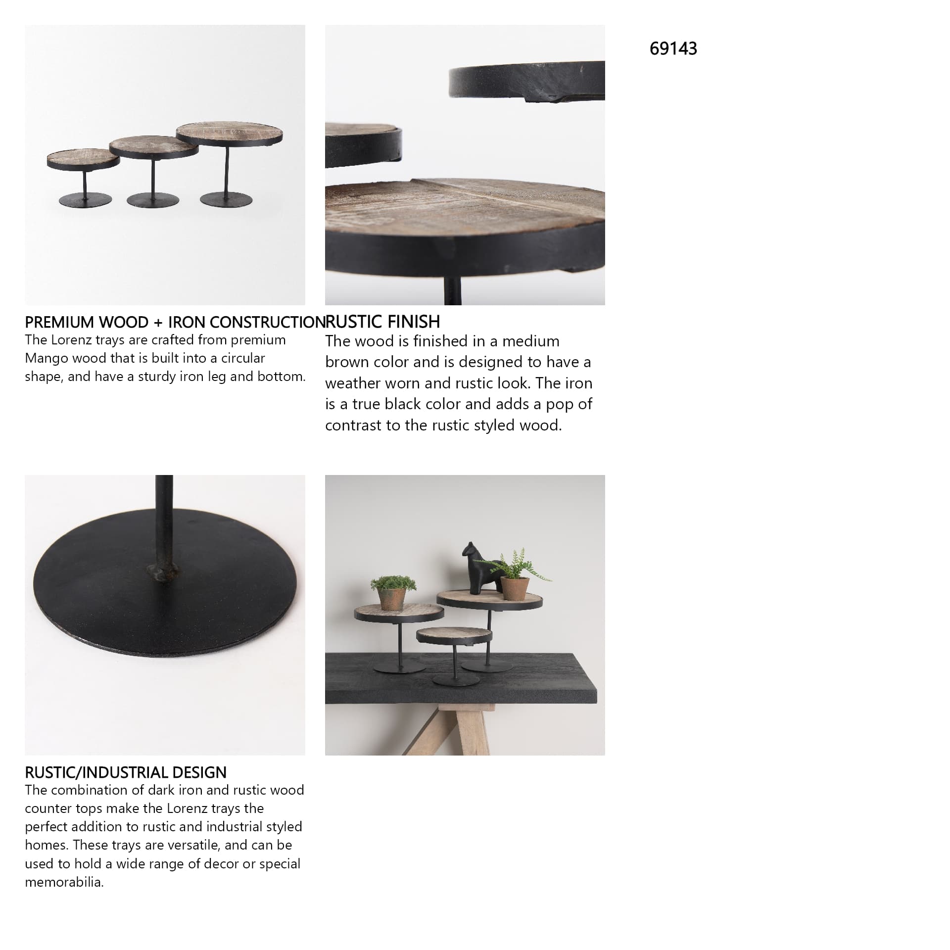 Lorenz (Set of 3) Light Brown Wood W/ Black Metal Base Round Decorative Display Stands — in a styled room