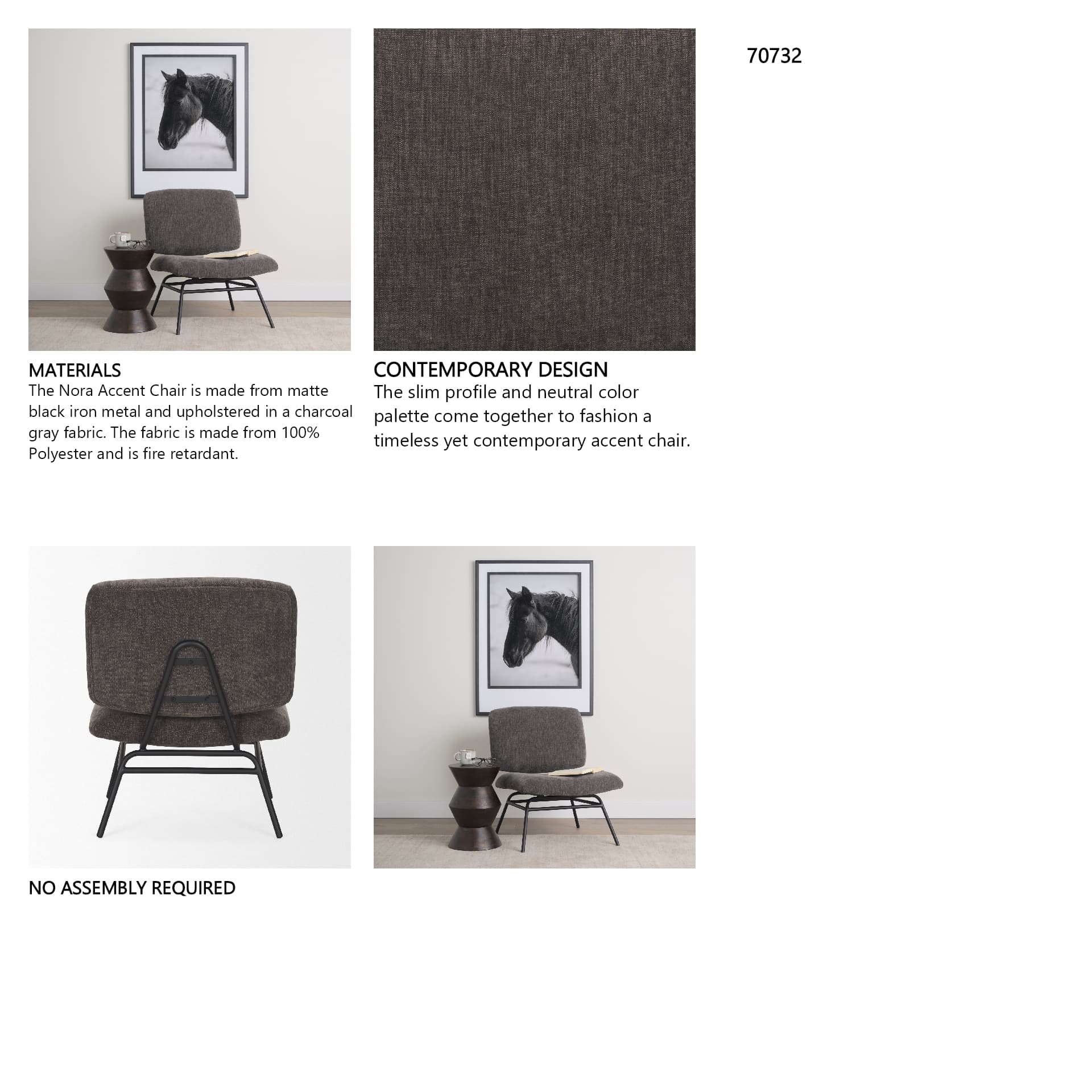 Nora Charcoal Fabric w/ Matte Black Metal Legs Accent Chair — in a styled room