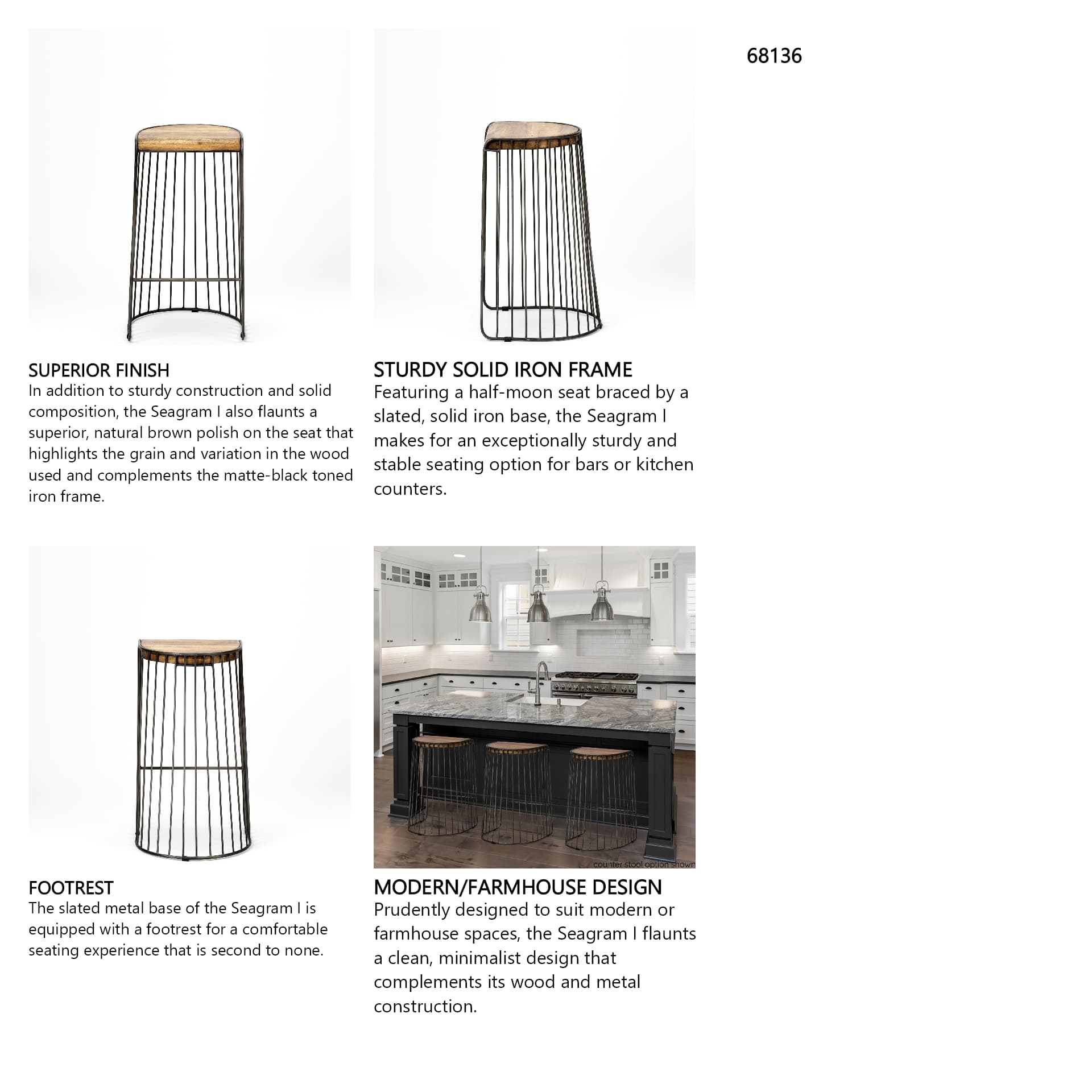 Seagram Backless 30.5in Seat Bar Stool | Brown Wood w/ Black Metal — product photograph