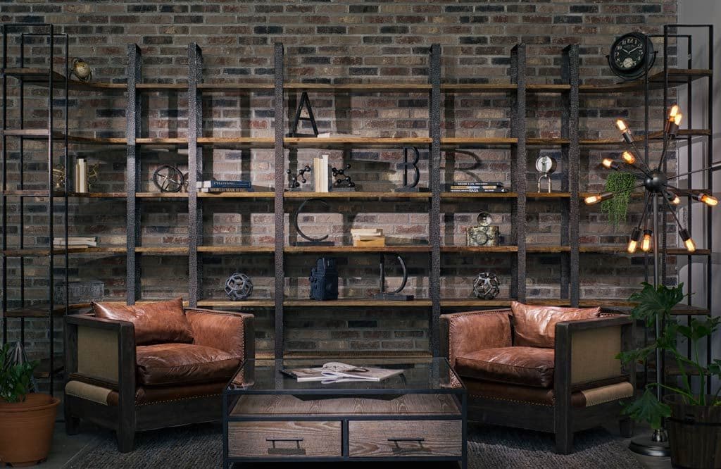 Taunton I 80L x 10.5W x 90H Brown Wood and Black Iron Six Shelving Unit — in a styled room