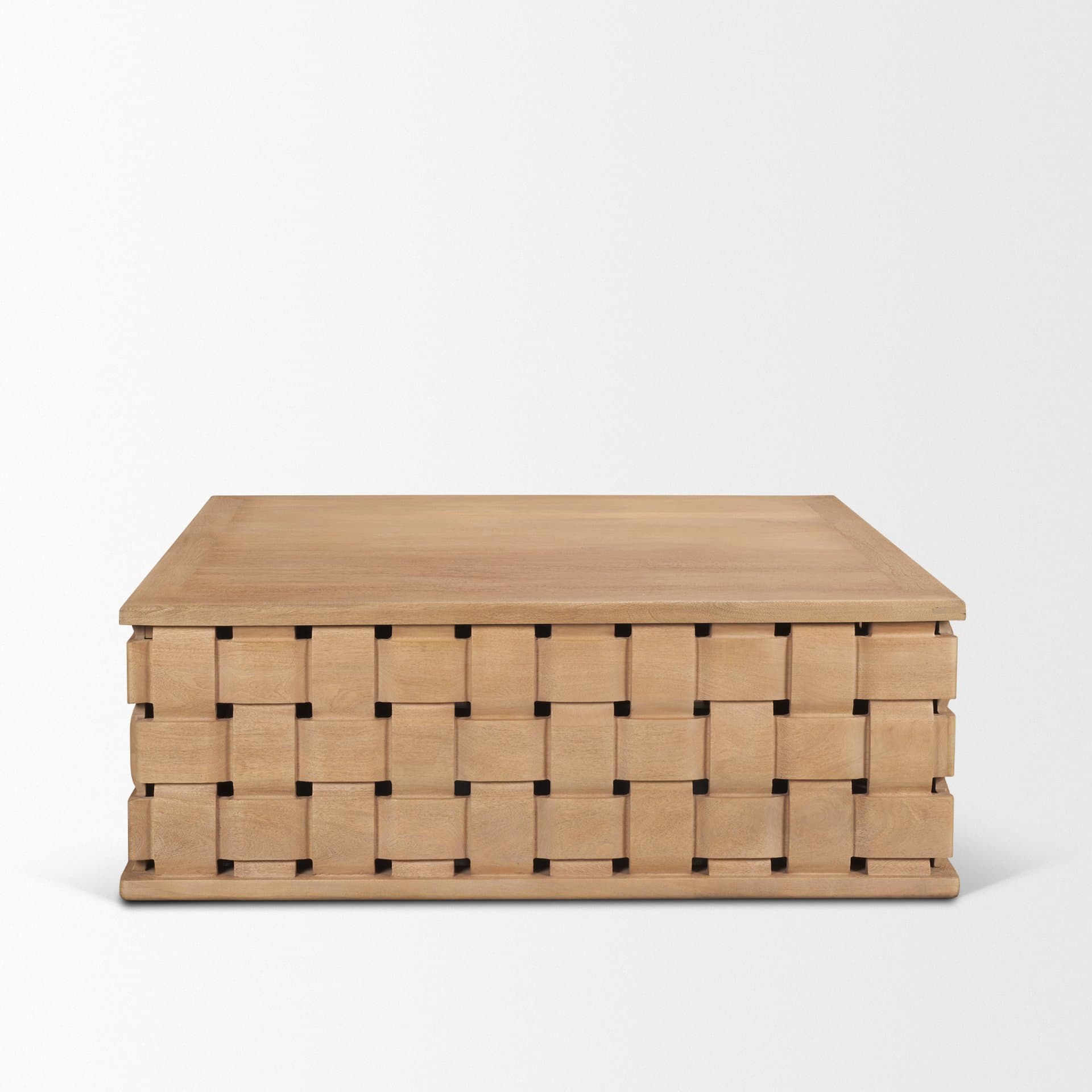 Trellyn 48" Light Brown Wood w/ Carved Woven Base Square Coffee Table — product photograph