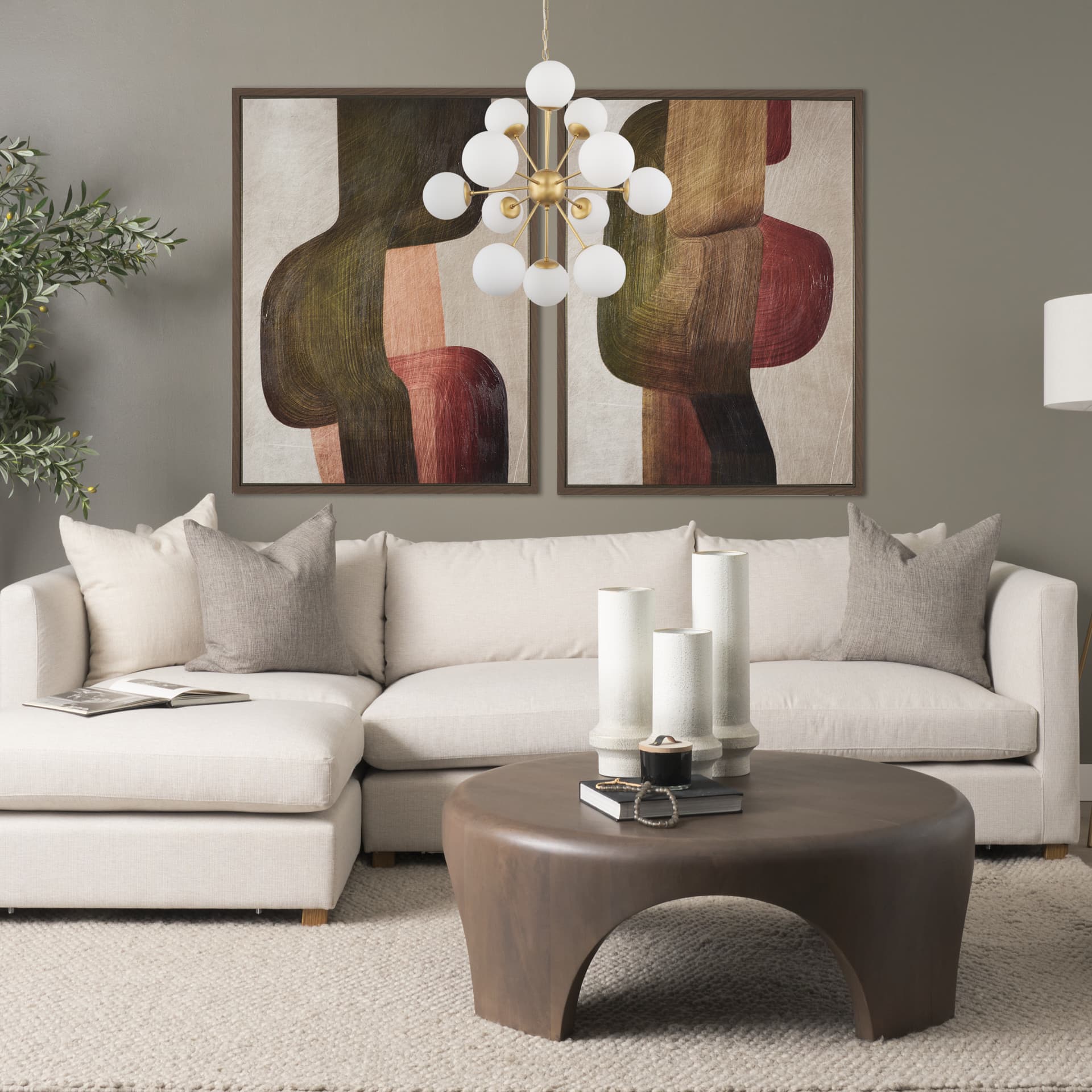 Barbara Brushed Gold Metal w/ Frosted Glass Globes 11-Light Chandelier — in a styled room
