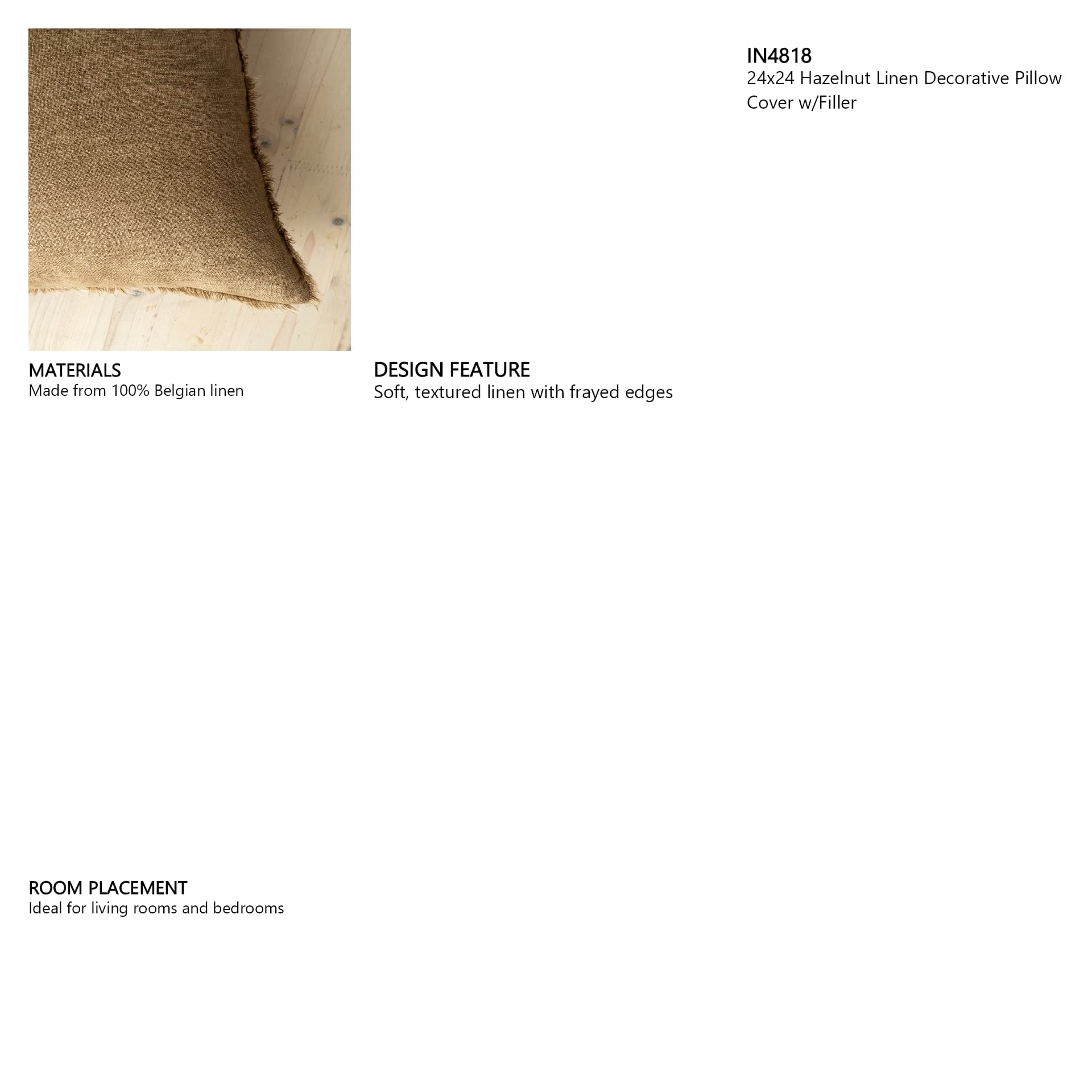 Lina 24x24 Hazelnut Linen Decorative Pillow Cover w/Filler — in a styled room
