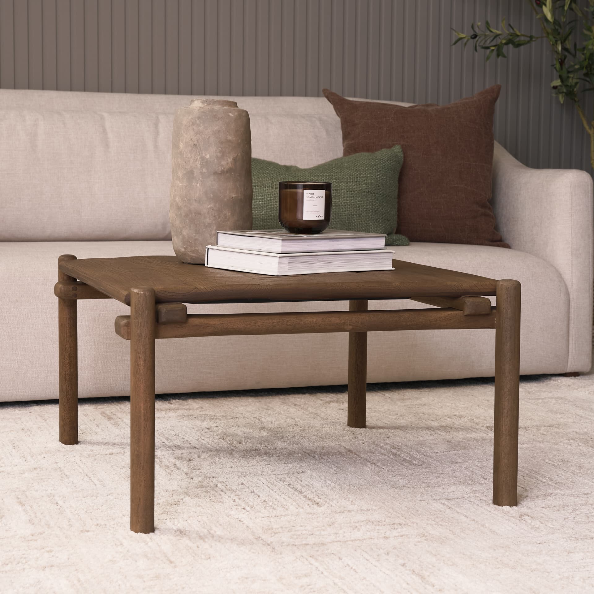 Riven Oak Wood Square Side Table — in a styled room