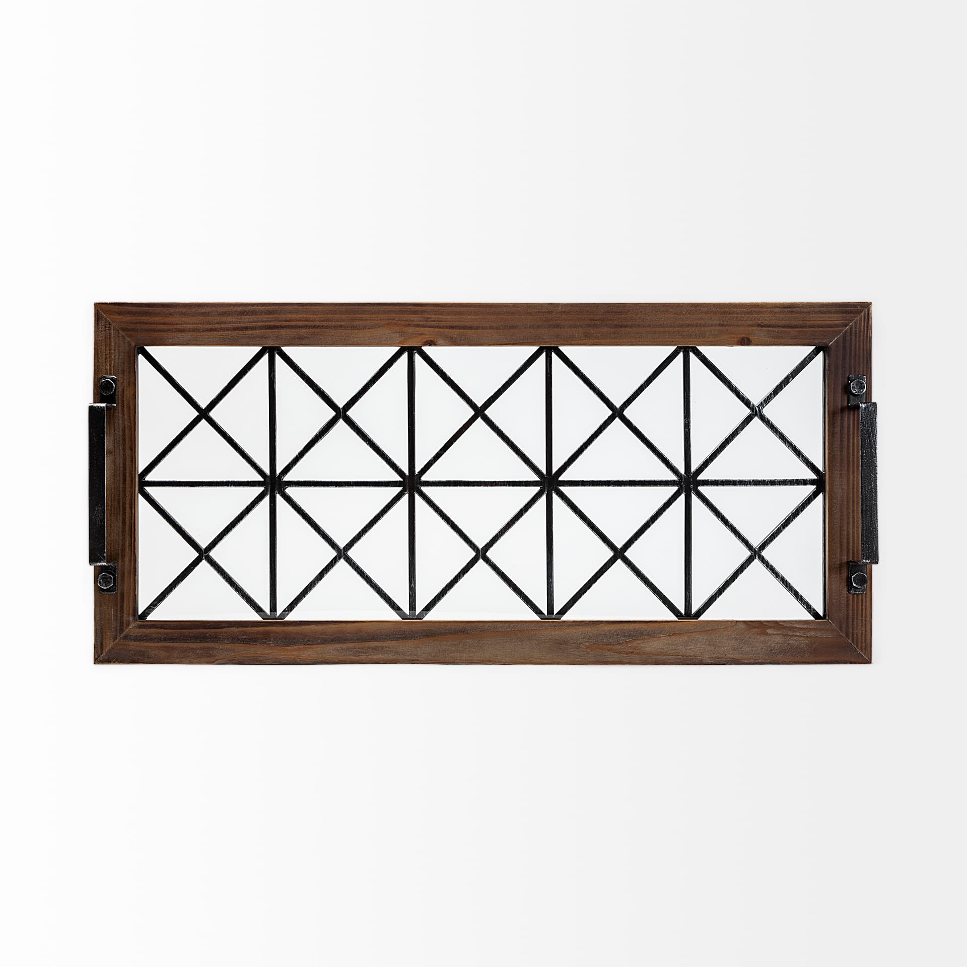 Ellingson 28L x 13W Black Rectangular Metal Glass Wood Bottom Tray — product photograph