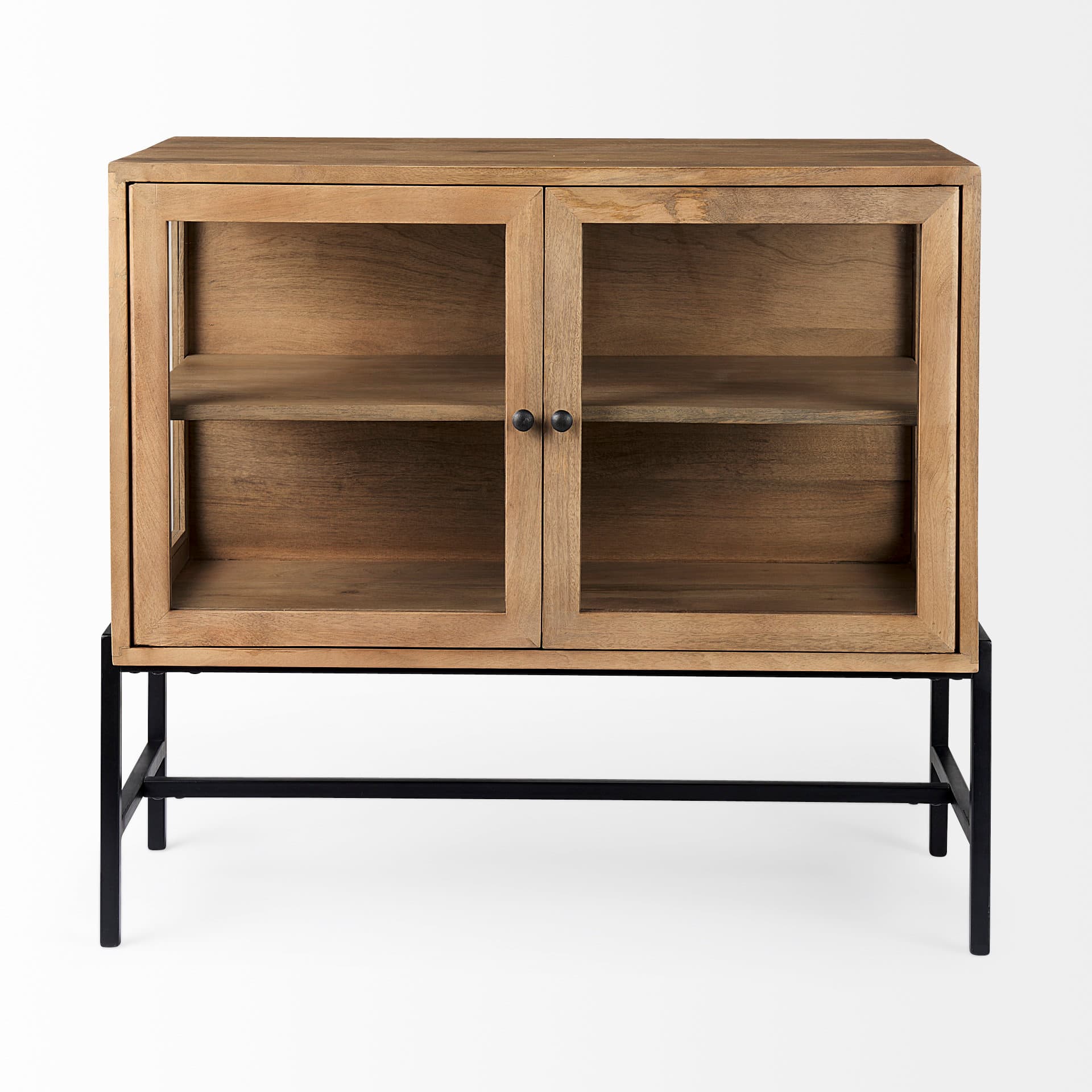 Arelius 36L x 18W x 32H Light Brown Wood, Black Metal Base w/ 2 Glass Doors Accent Cabinet — product photograph