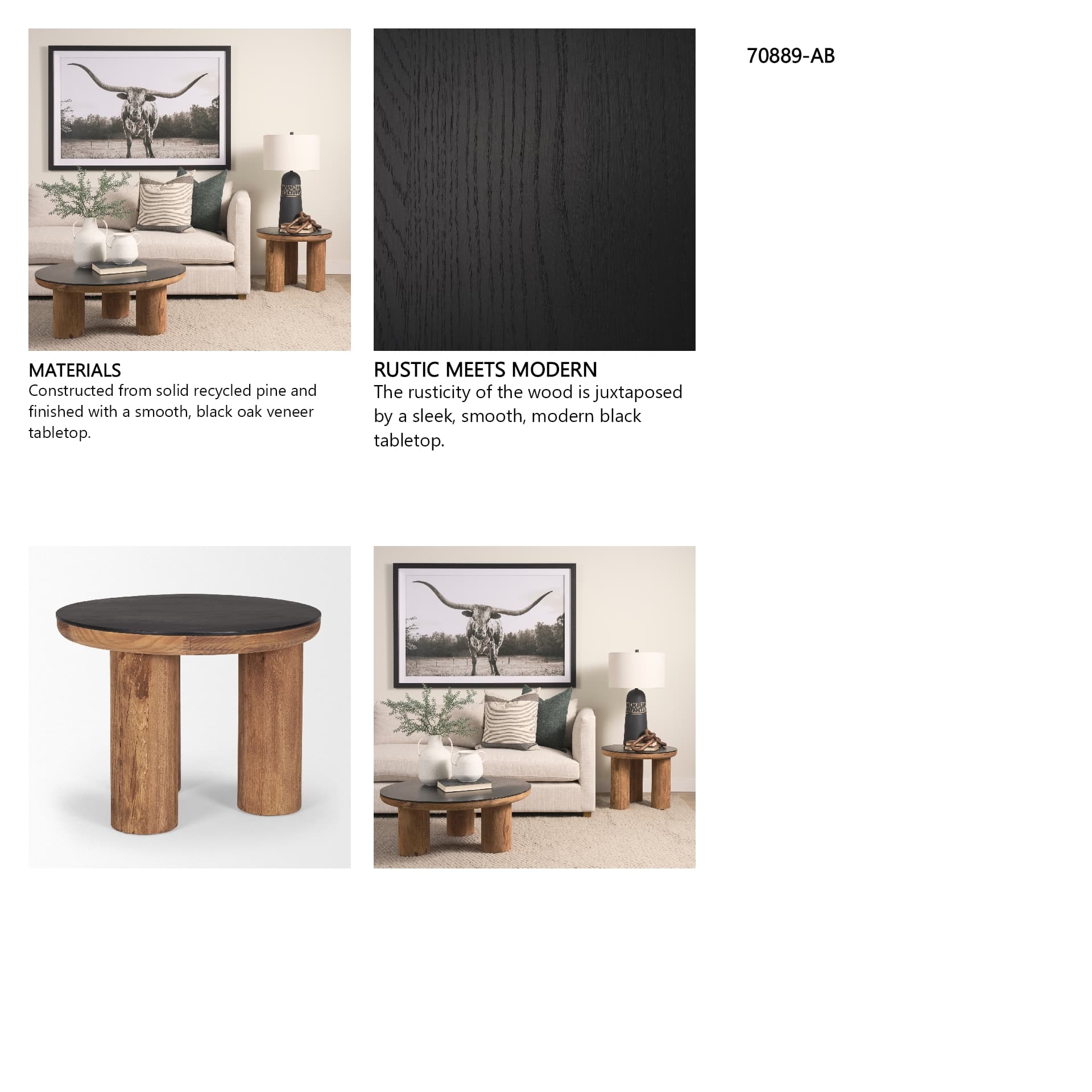 Tucson Natural Wood w/ Round Black Oak Top Side Table — in a styled room
