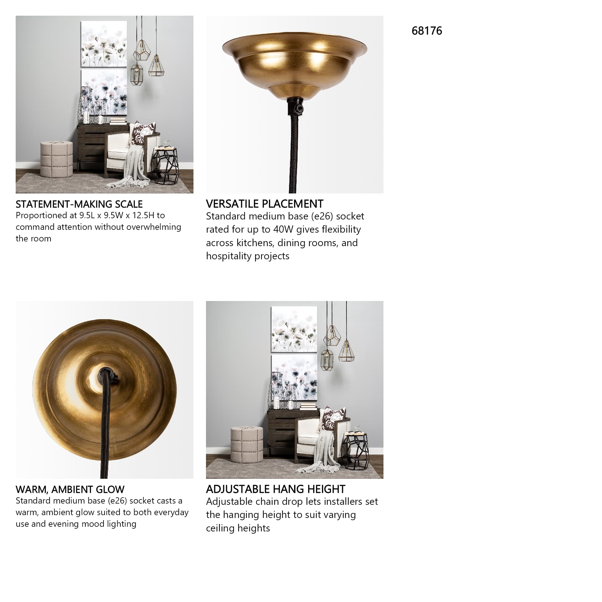 Prima 9.5x12.5 Gold Metal and Glass Pyramid Pendant Light — in a styled room