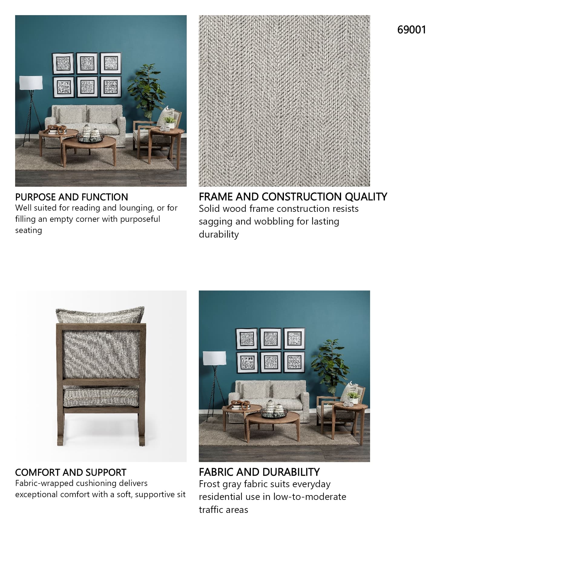 Sherlock Frost Gray Wood Frame Accent Chair — in a styled room