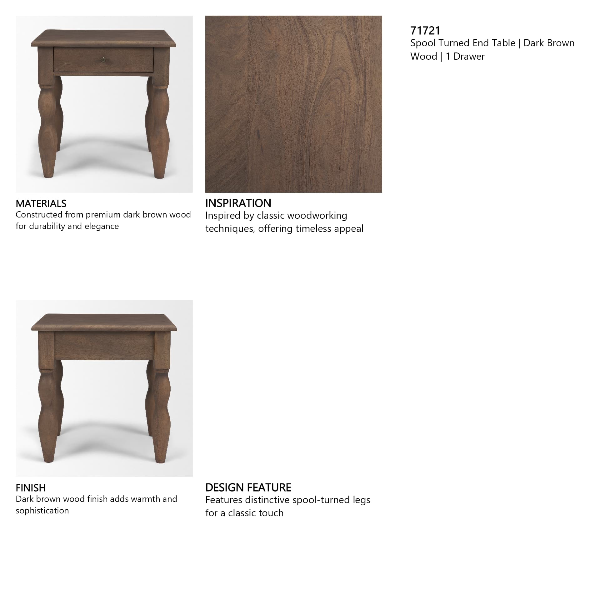Angeline Spool Turned End Table | Dark Brown Wood | 1 Drawer — in a styled room