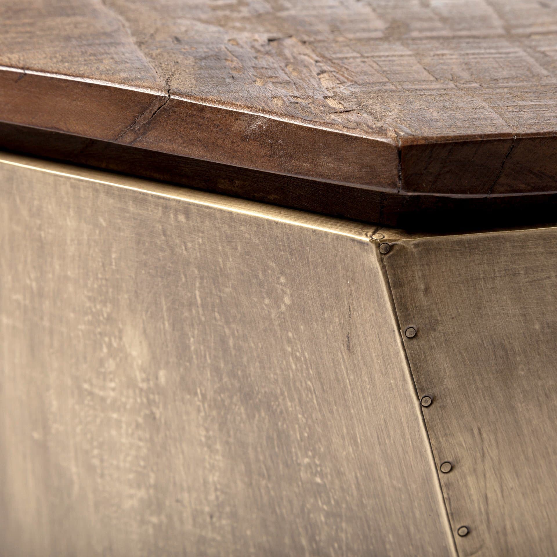 Esagono Octagonal Gold Metal-Clad Reclaimed Wood End/Side Table w/ Storage — product photograph