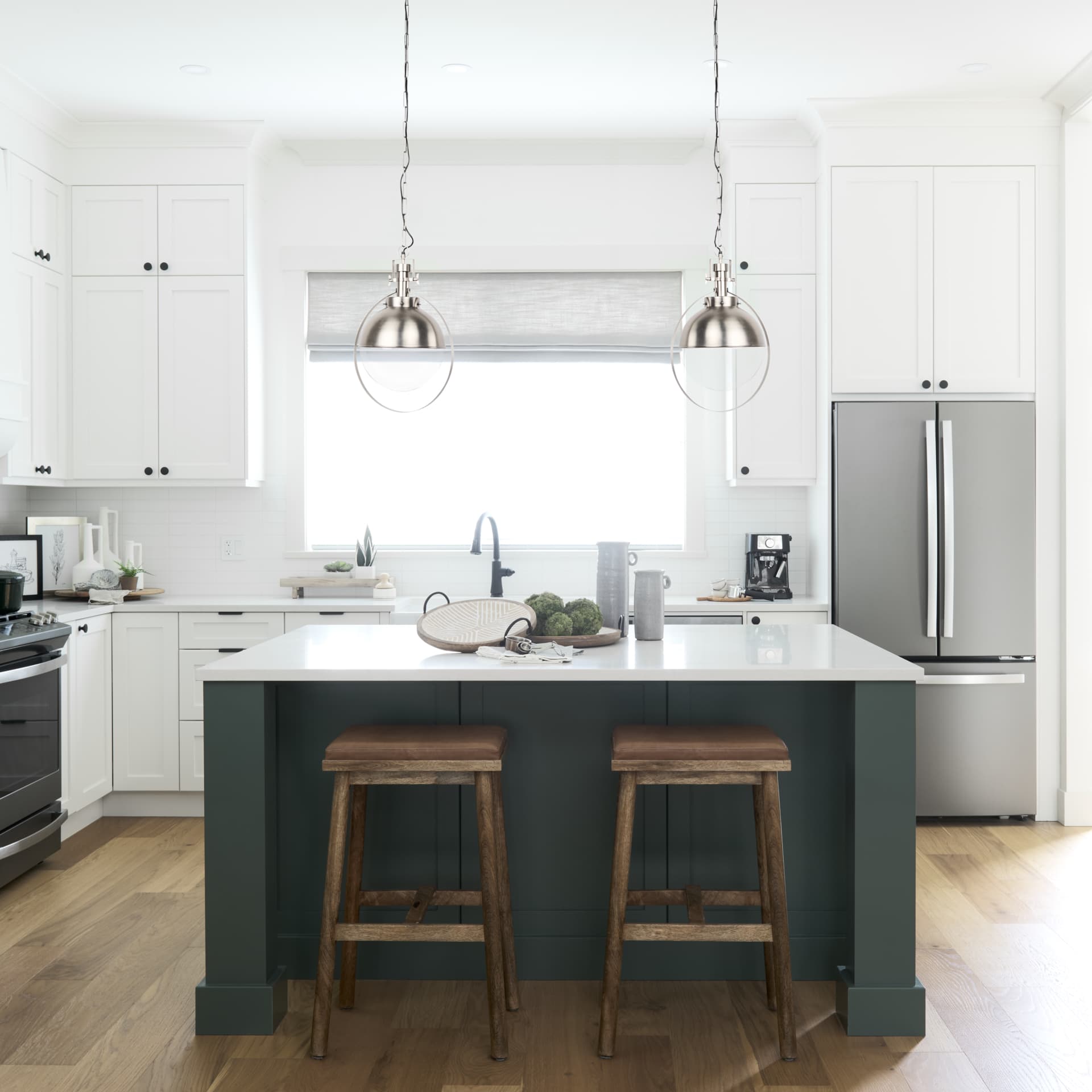 Leighton 15.0L x 15.0W x 20.0H Antique Nickel Pendant Light — in a styled room