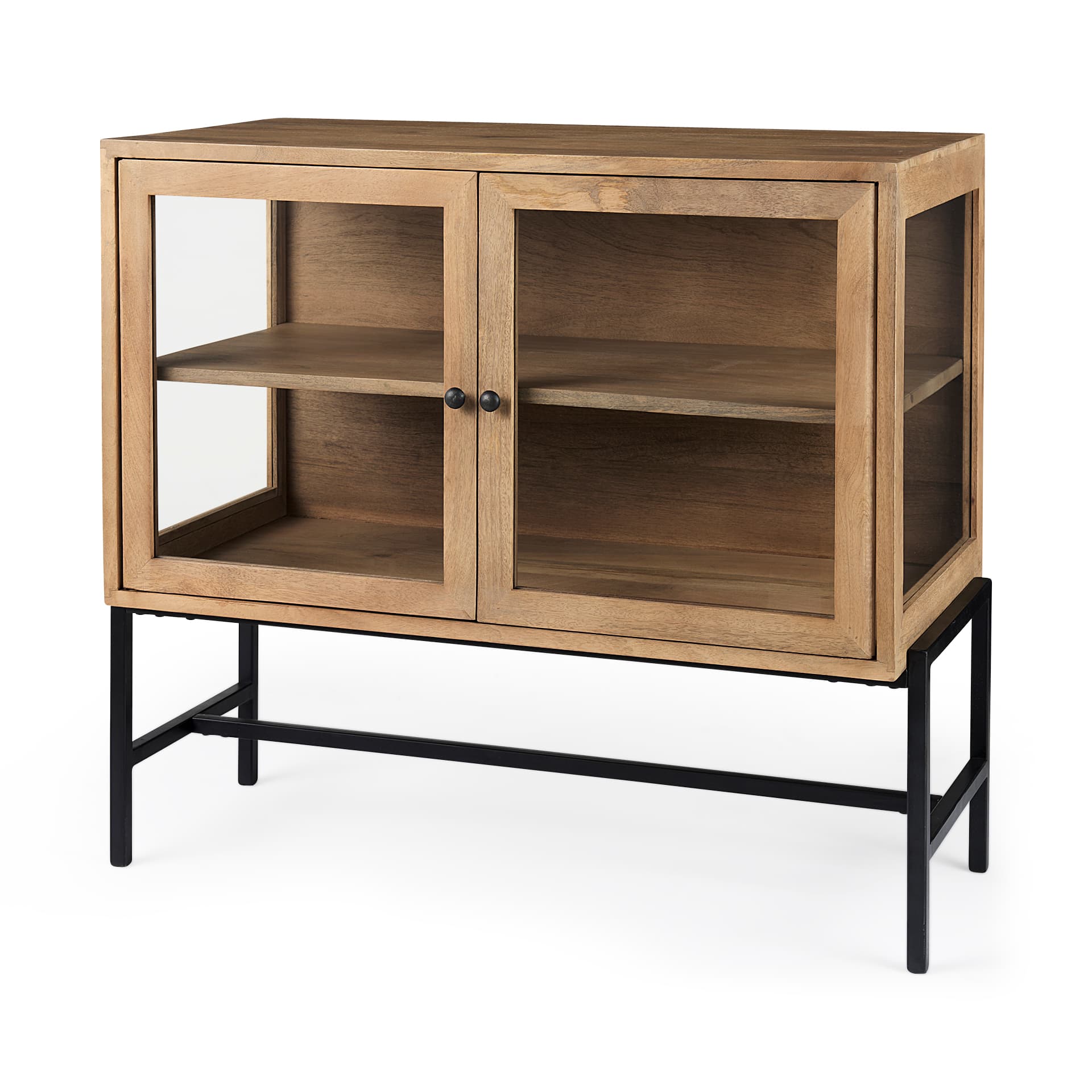 Arelius 36L x 18W x 32H Light Brown Wood, Black Metal Base w/ 2 Glass Doors Accent Cabinet — product photograph