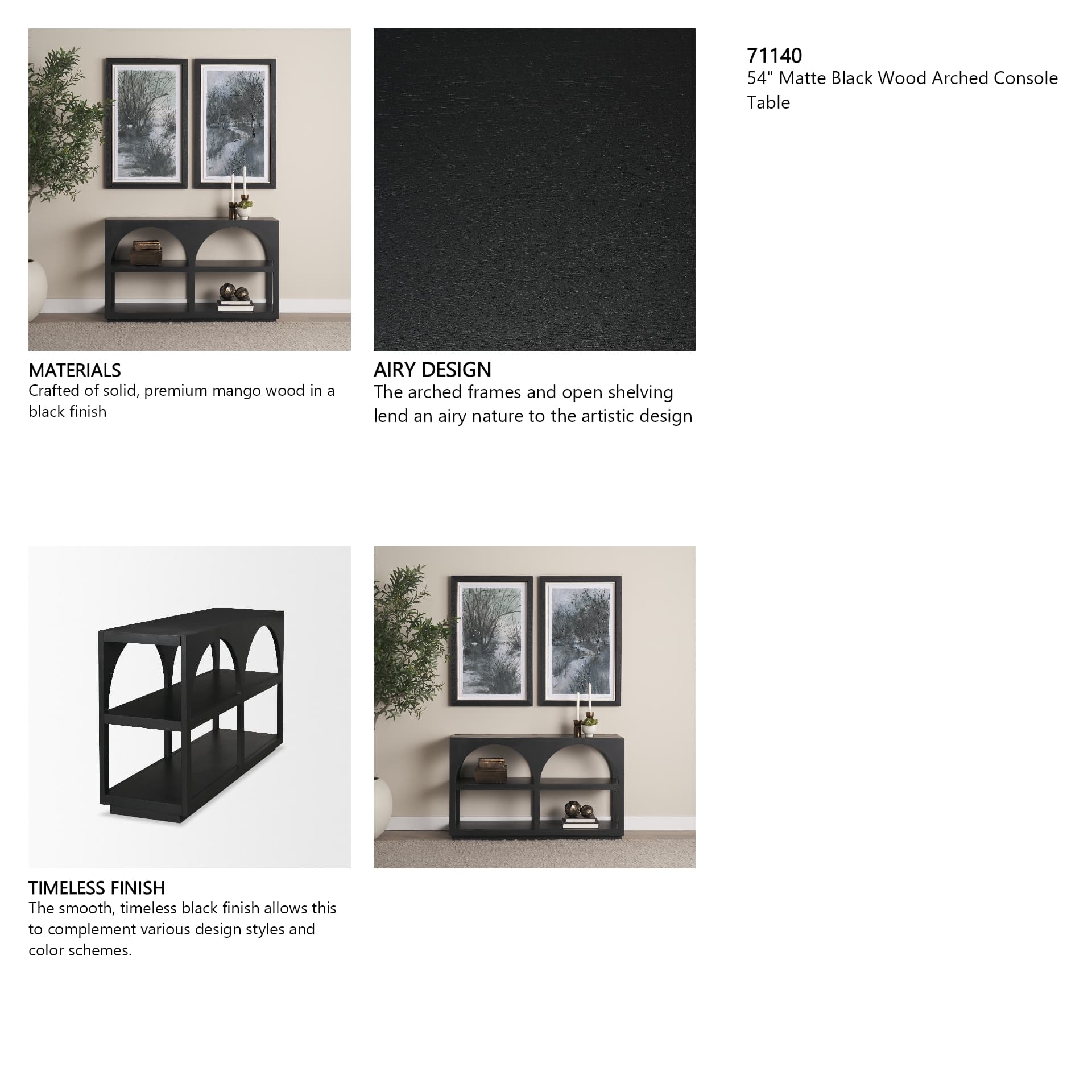 Bela 54" Matte Black Wood Arched Console Table — in a styled room