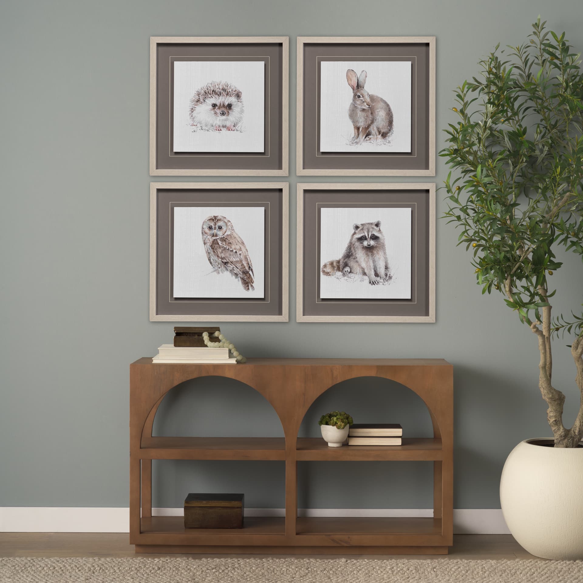 Forest Friends IX (Owl) by Lisa Audit Hand Embellished Textured Framed Art Print Matted under Glass — in a styled room