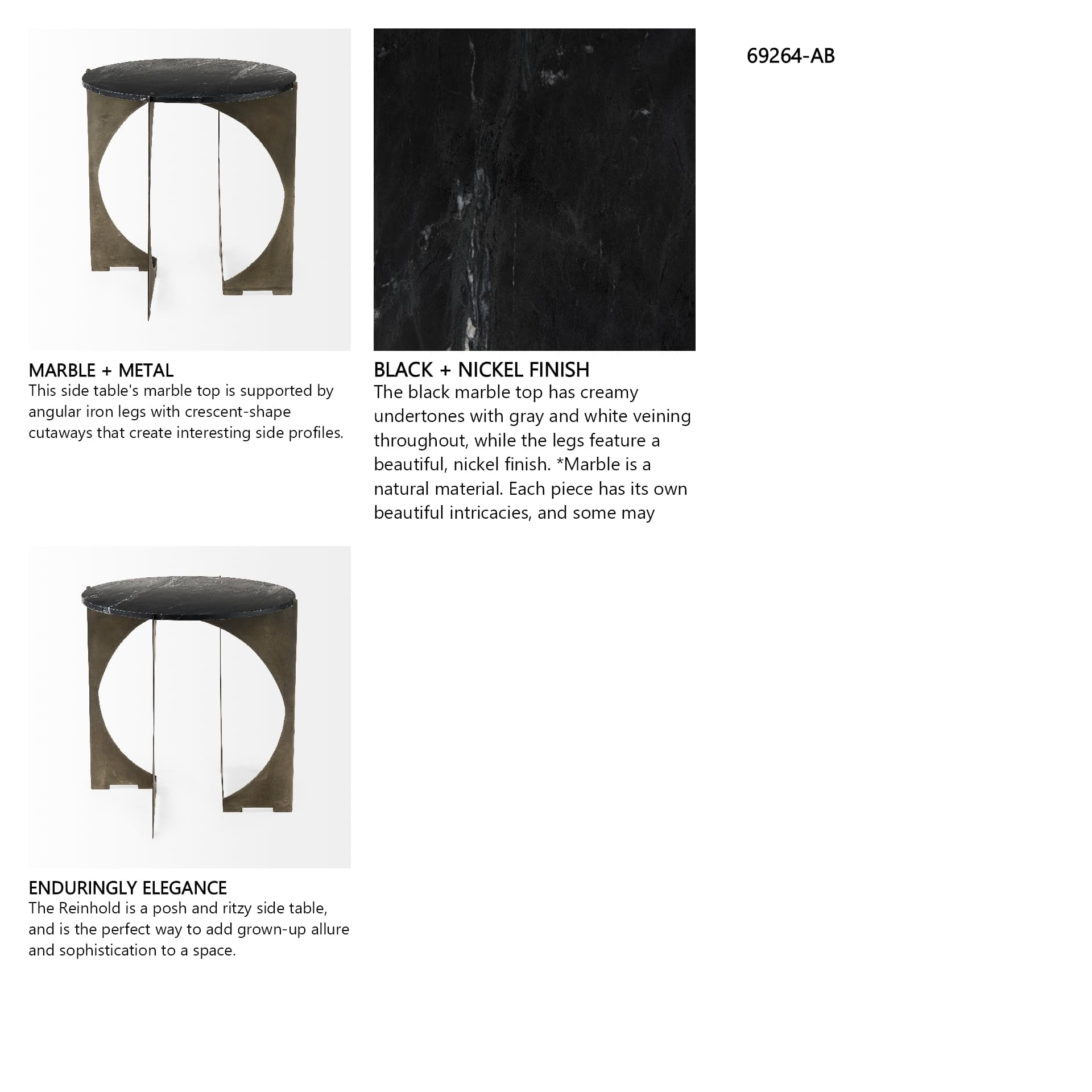 Reinhold II 21L x 21W x 21H Black Marble Top Iron Side Table — in a styled room
