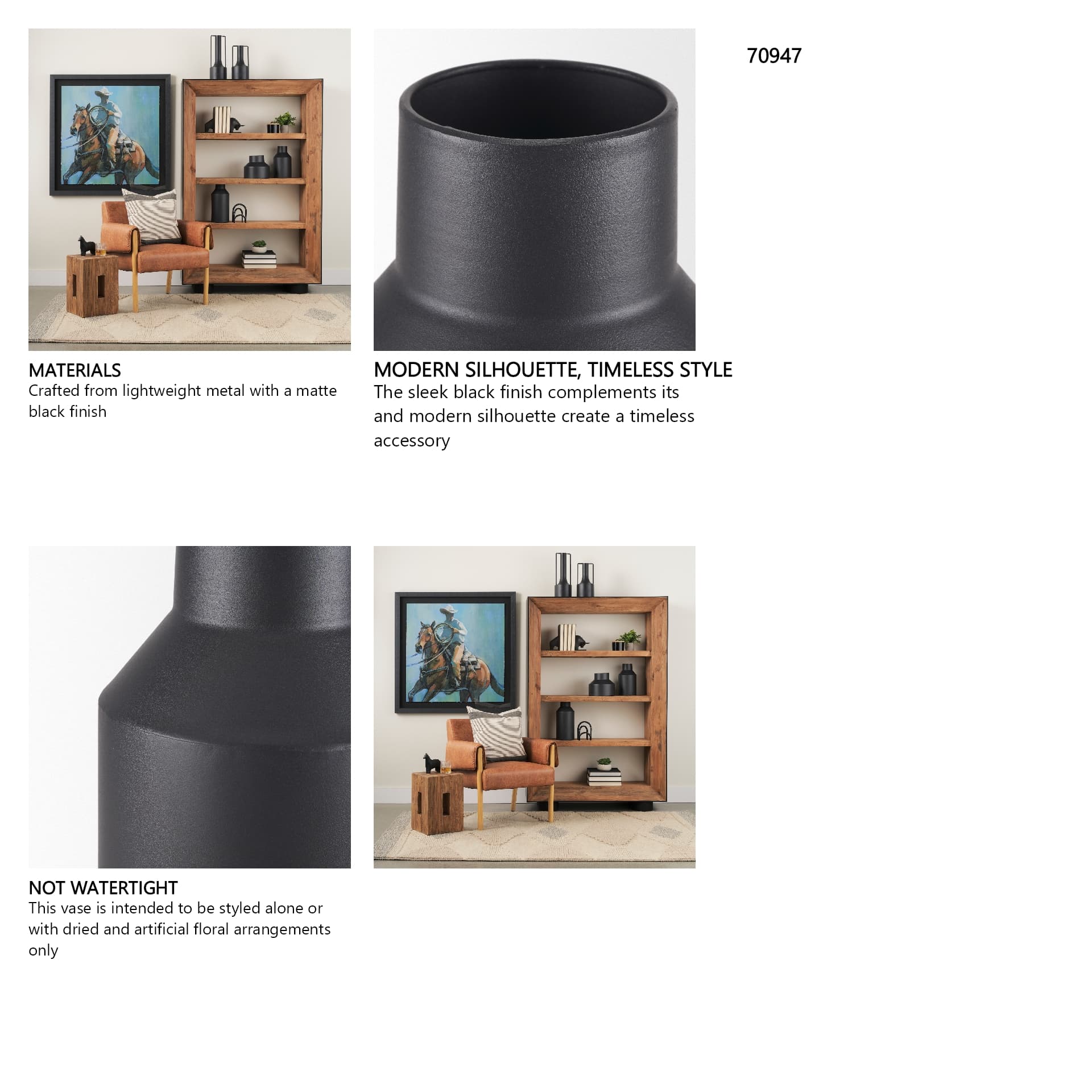 Tosca Tall Matte Black Metal Vase — in a styled room