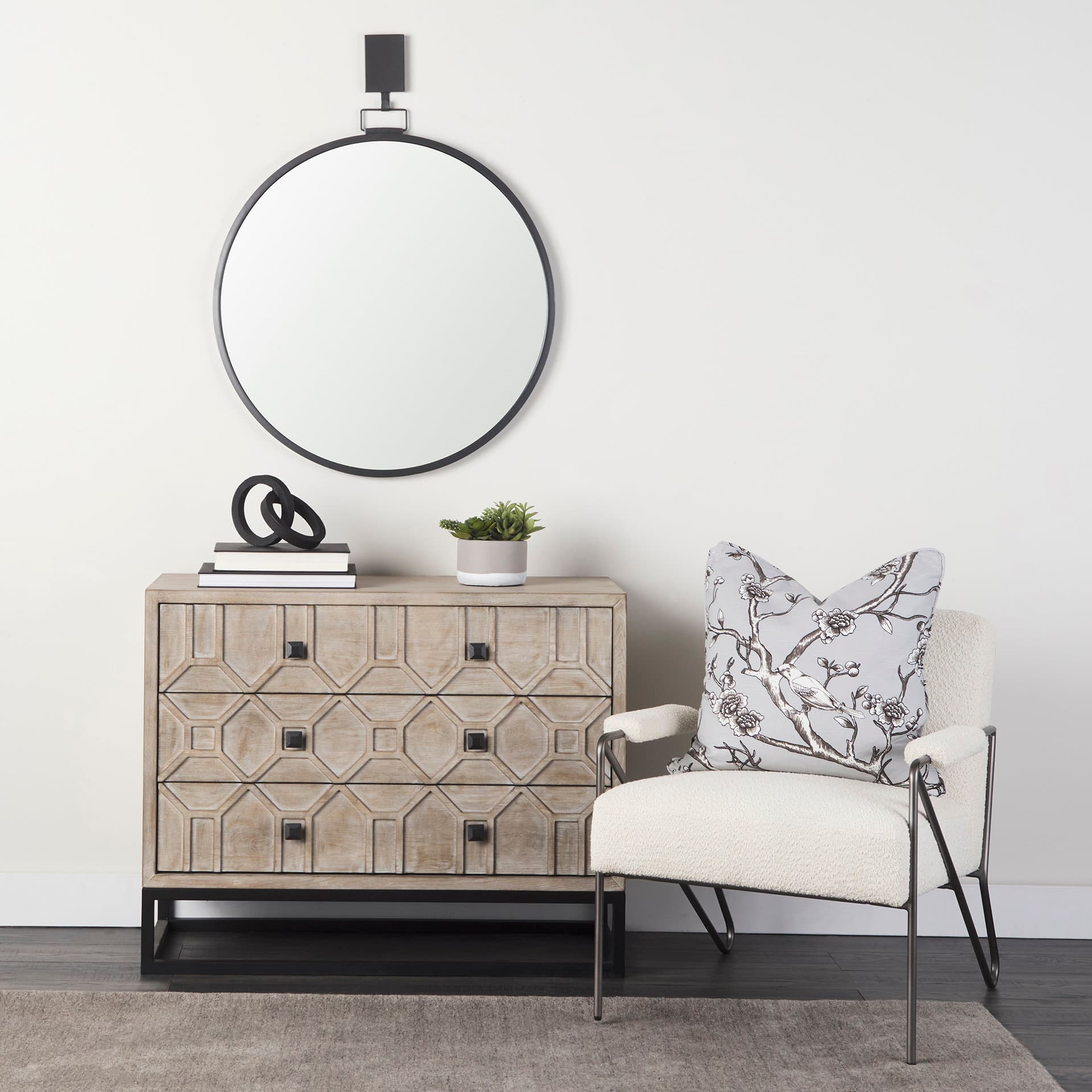 Rafiki Two Blackened Hammered Finish Metal Conjoined Circles — in a styled room